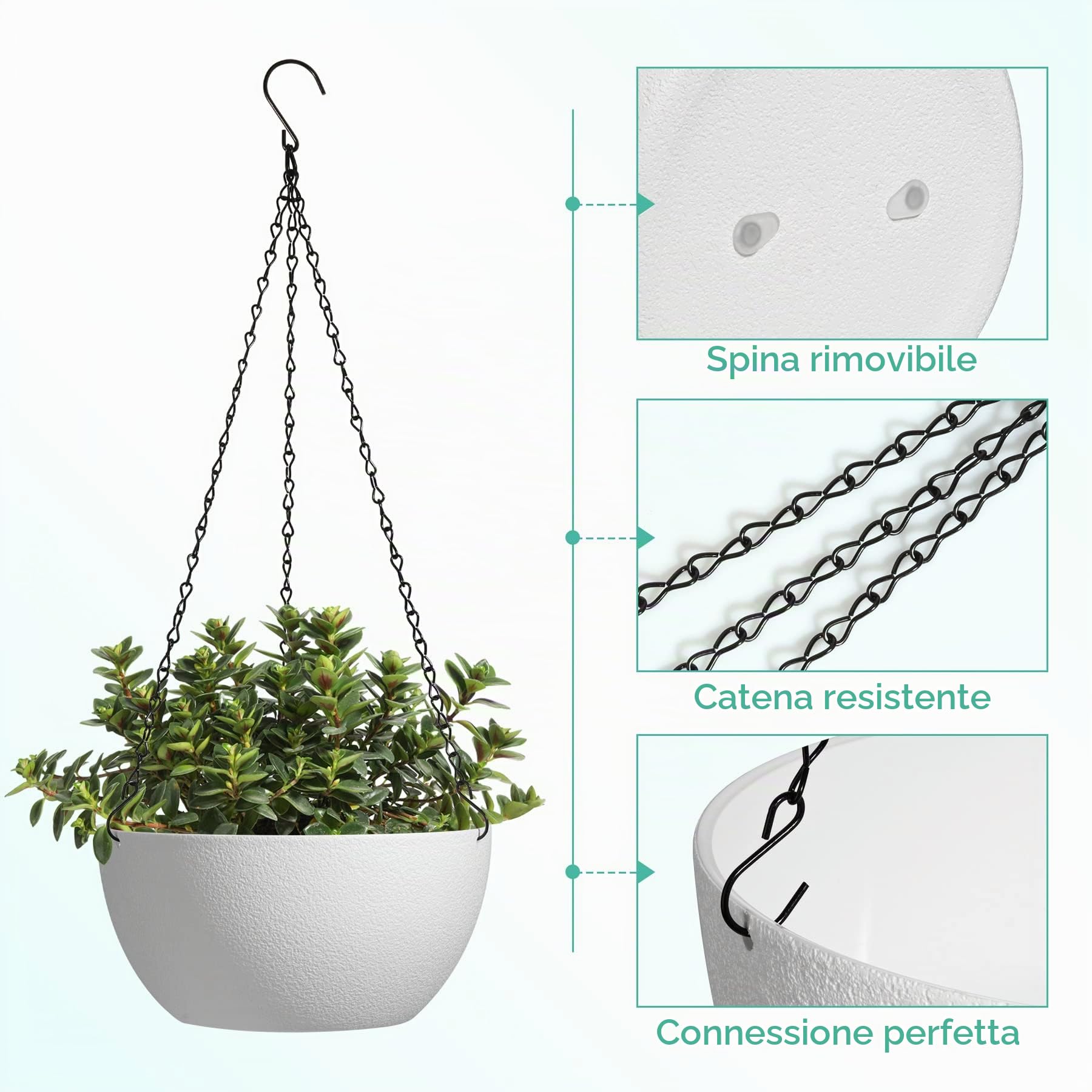 T4U Vasi Sospesi, Vasi da Appendere 25 cm Set da 2 Bianco | Portavasi da appendere, Vasi con catena rimovibile, Piante ricadenti, balcone, appartamento, esterno