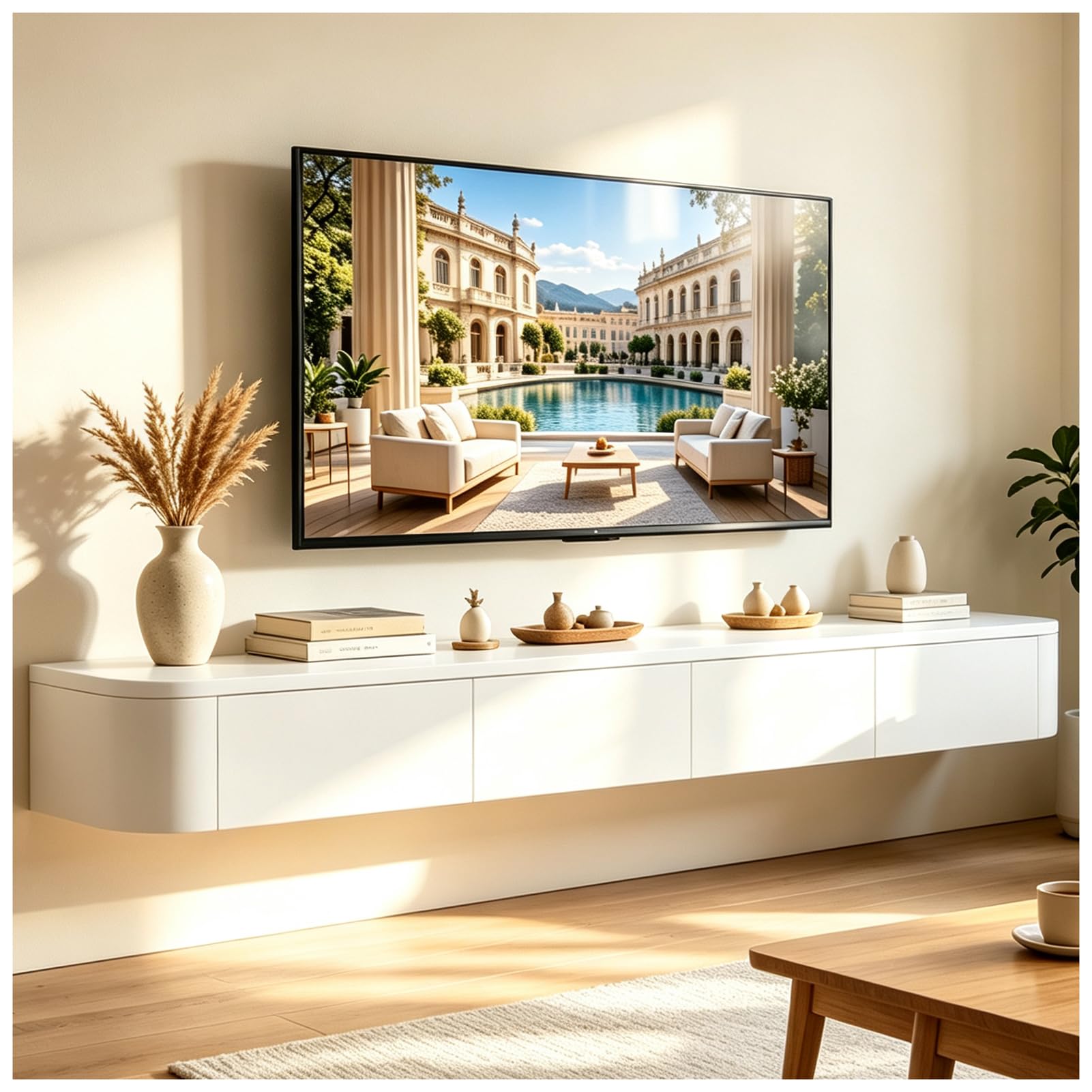 Weiß TV Schrank Schweben,240cm TV Board Hängend,mit 2 Schubladen & 2 Klappen,TV Lowboard Mit Kabelmanagement, TV Tisch für Wohnzimmer und Esszimmer,Einfache Montage