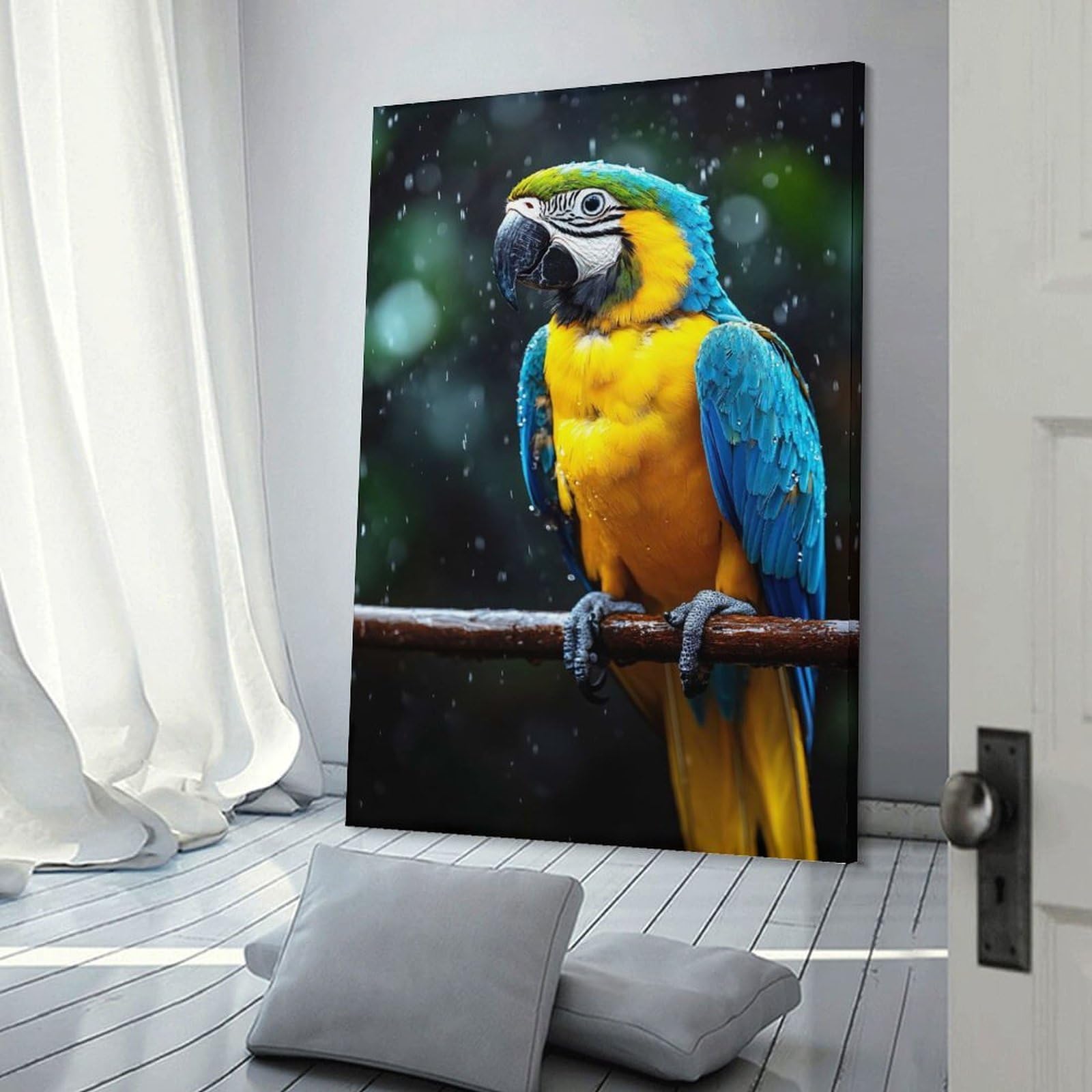Junmoney Blue And Gold Macaw in The Rain Wall Decor Canvas Print, 20x30inch(50x75cm), for Wall Displays, Bedrooms Or Room Updates, Wall Decor Suited to Curated Displays