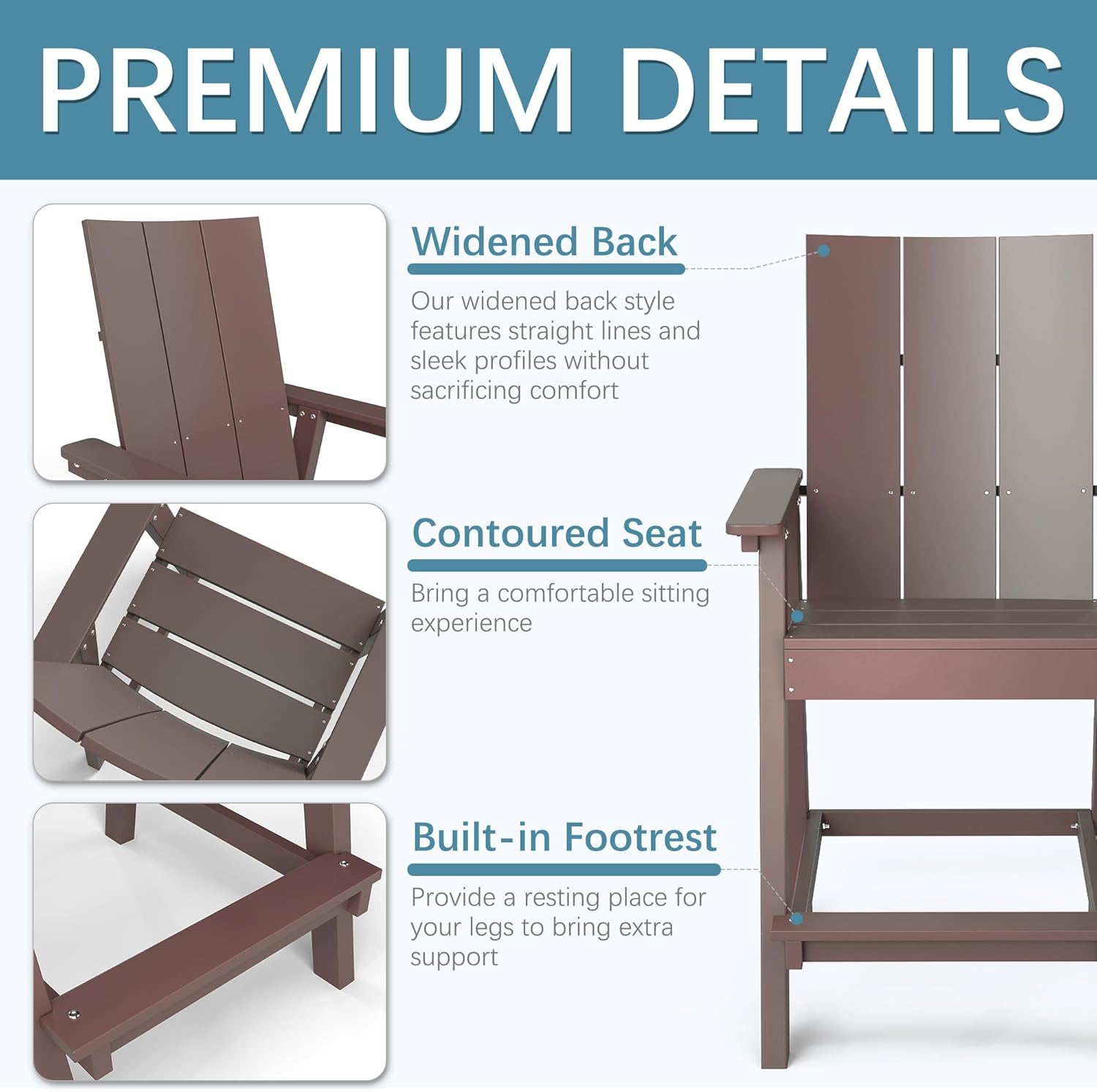 NAVINE Tall Adirondack Chair Set of 2, HDPE Balcony Chairs with Connecting Tray, Two Cup Holders, All-Weather Adirondack Bar Stools for Patio, Balcony, Backyard, Poolside, Coffee