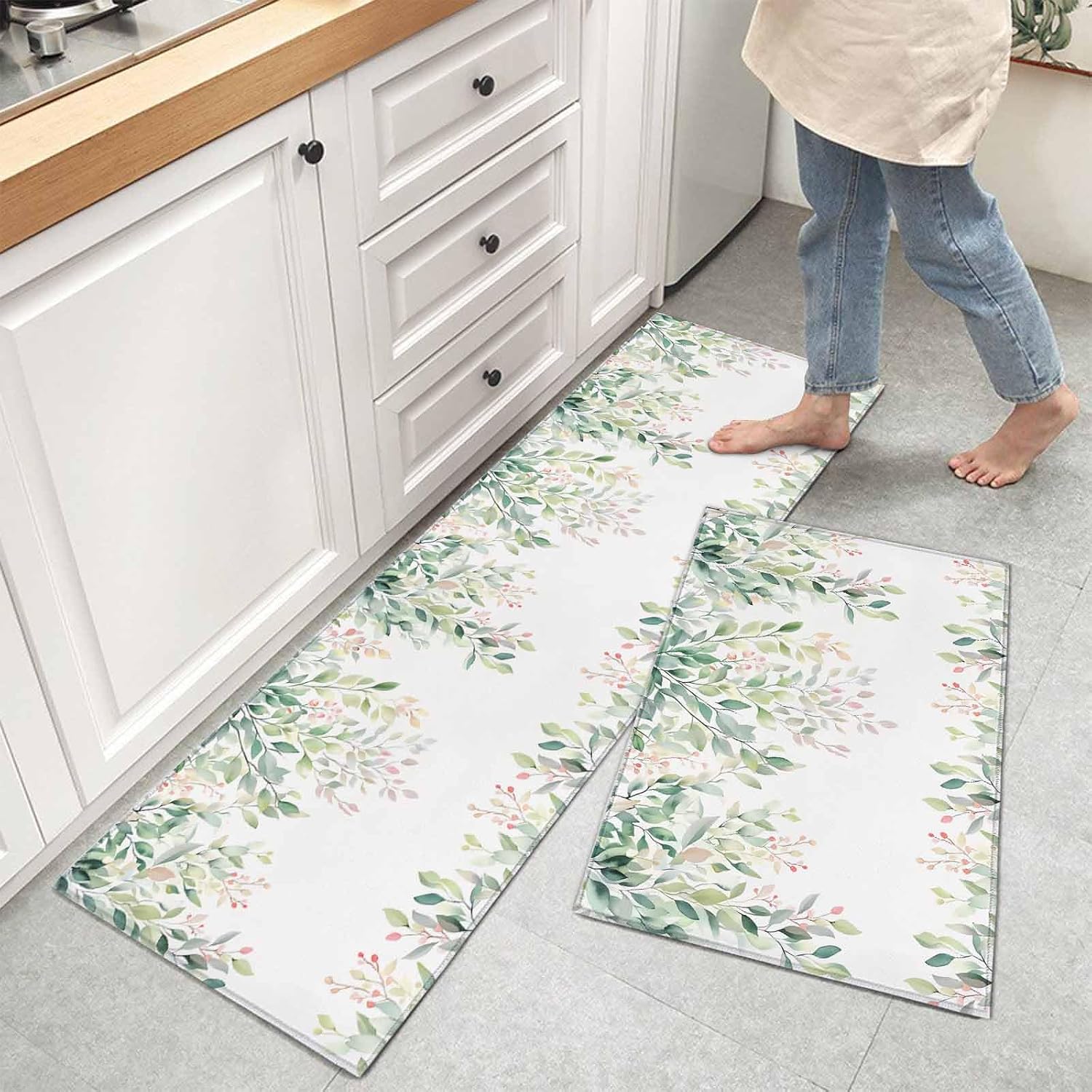 Kitchen Mats for Floor Spring Green Gradient Leaves Washable Non Slip Kitchen Rugs 2PCS, Watercolor Leaf on White Absorbent Standing Mats for Sink Bathroom Office Living Room 15.7x23.6in+15.7x47.2in
