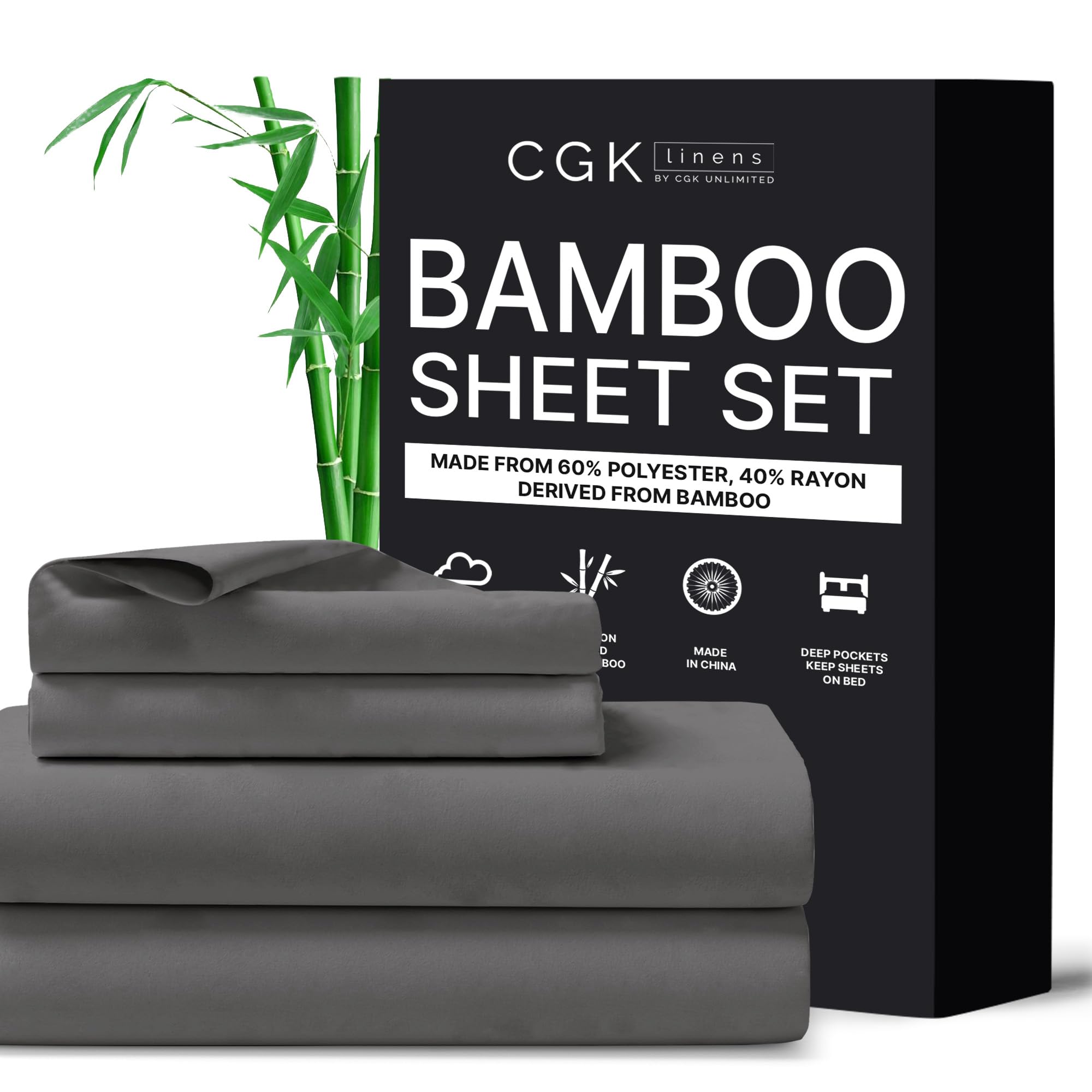CGK Unlimited King Size Sheets- Cooling & Breathable Sheets- 60% Polyester, 40% Rayon Derived from Bamboo- Super Soft & Comfy for Hot Sleepers to Stay Cool- Dark Grey