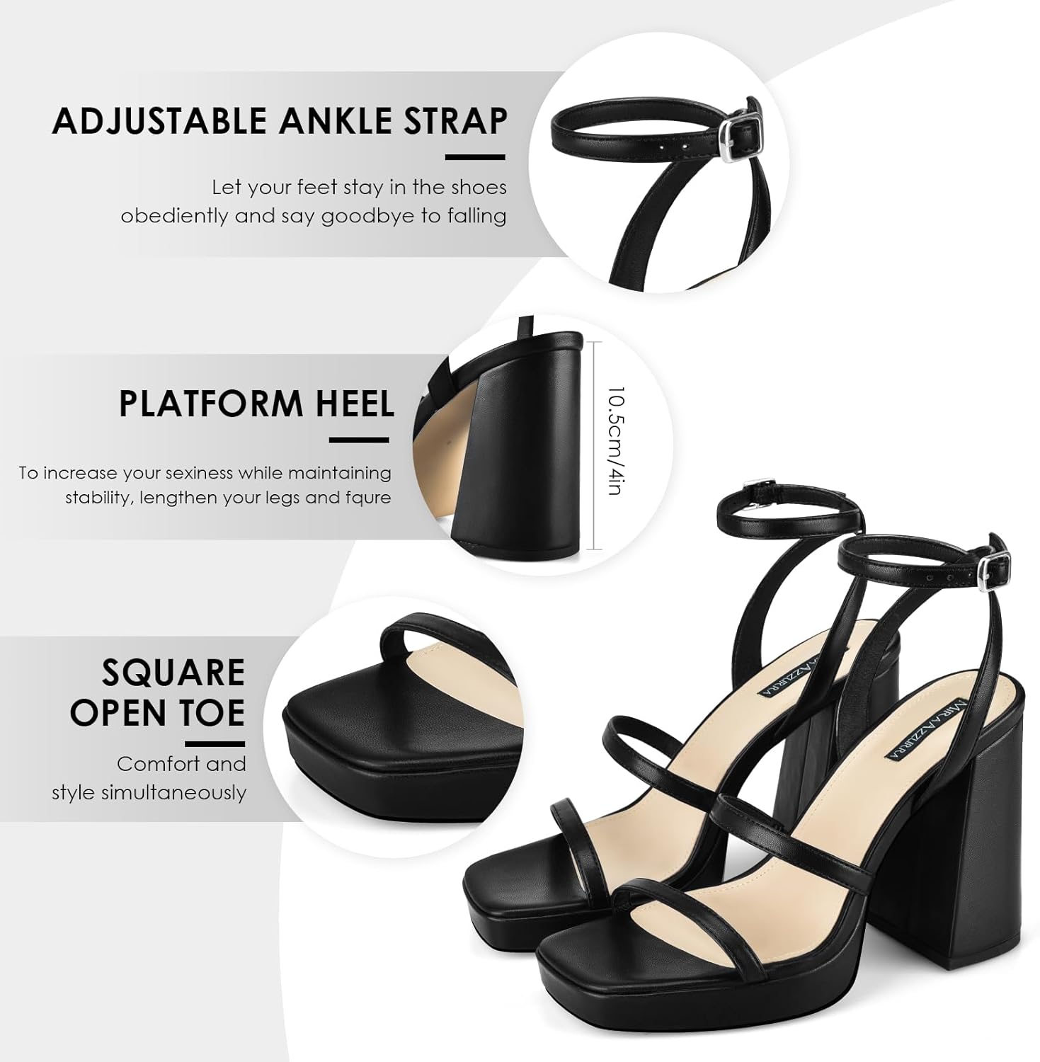 MIRAAZZURRA Platform Strappy Heel Sandals Square Open Toe Two Strap Chunky High Heeled Sandals with Buckle Ankle Strap for Women Party Wedding Dress - Image 5