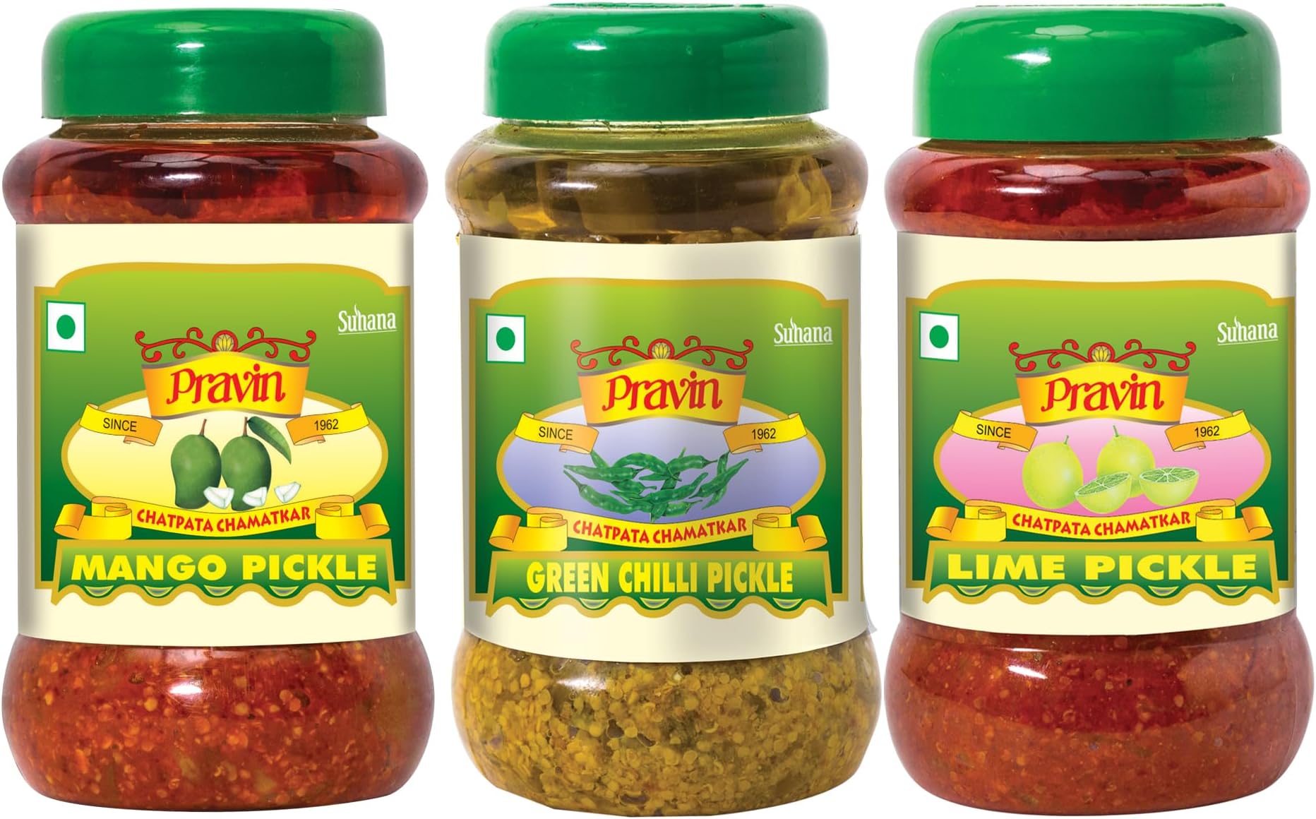 Pravin Pickles Combo of 3 Jar - Mango Pickle, Lime Pickle, Chilli Pickle Per Item 500g Pack of 3