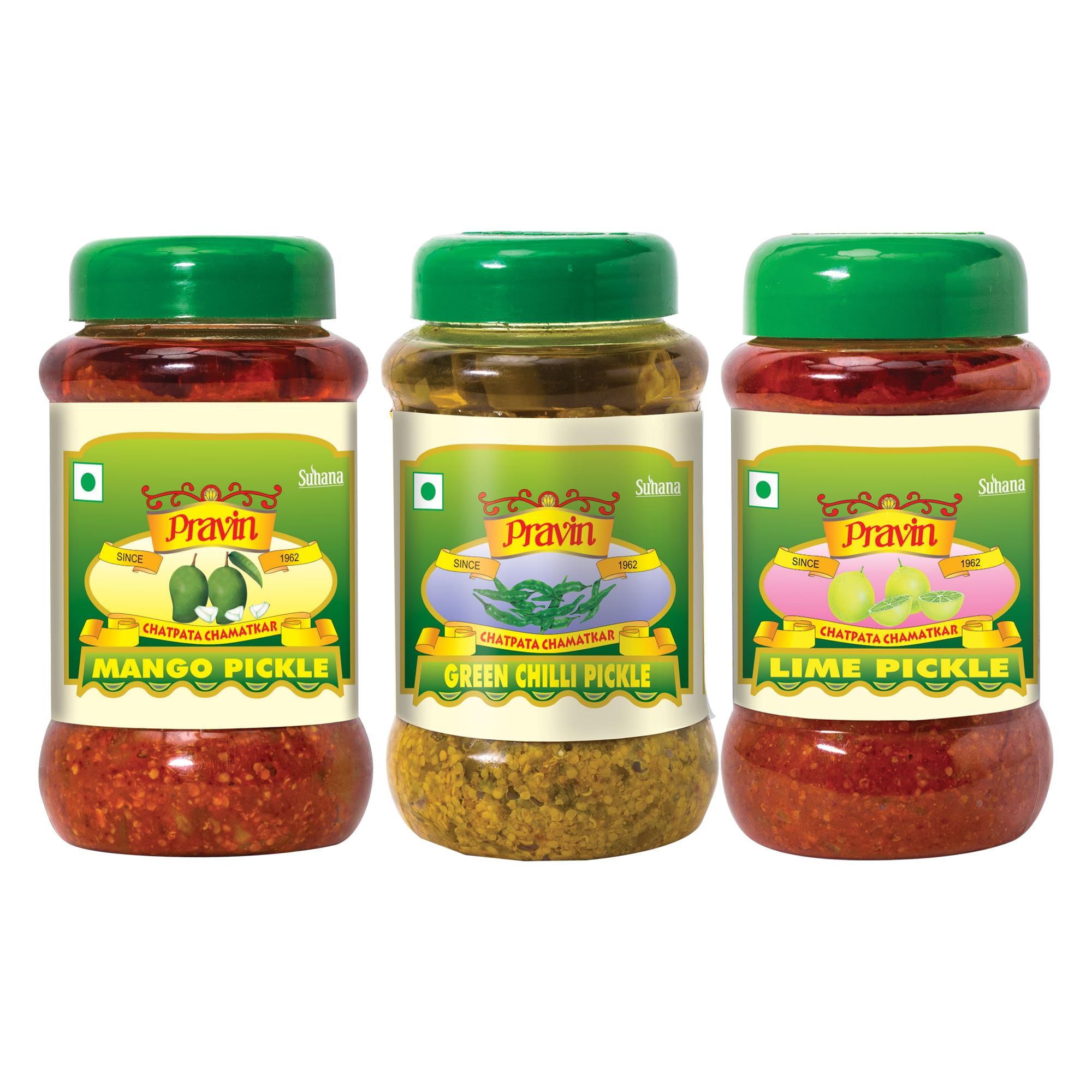 Pravin Pickles Combo of 3 Jar - Mango Pickle 500g, Lime Pickle 500g, Chilli Pickle 500g