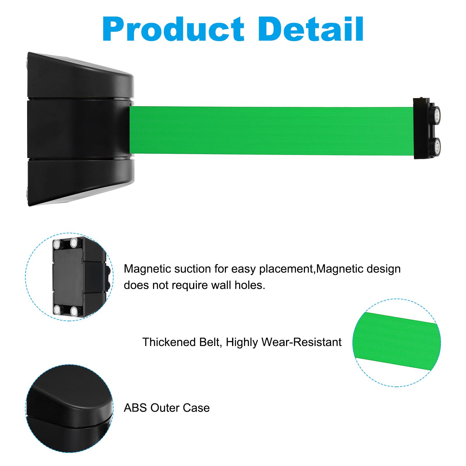 PATIKIL 16.4pcs Soporte de Pared Magnético para Barrera de Cinta Retráctil, Barrera Fija de Control de Multitudes con Cinta Verde y Estuche Negro de ABS para Separador de Colas en Tiendas