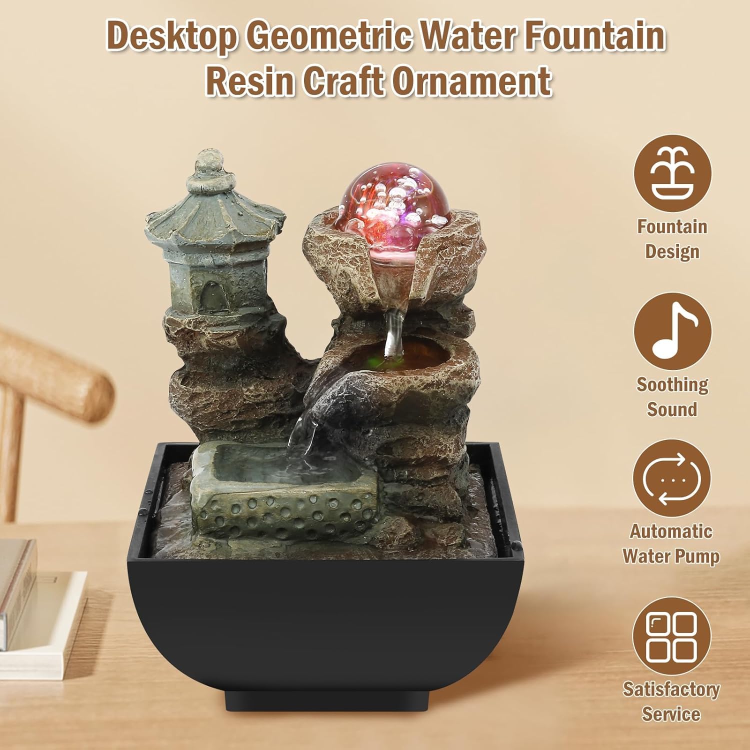Fontana da Tavolo per Interni con Cascata Decorativa E Sfera di Cristallo Illuminata, Pompa Sommergibile Silenziosa per Relax E Meditazione, Piccola Fontana per Casa, Ufficio E Scrivania.