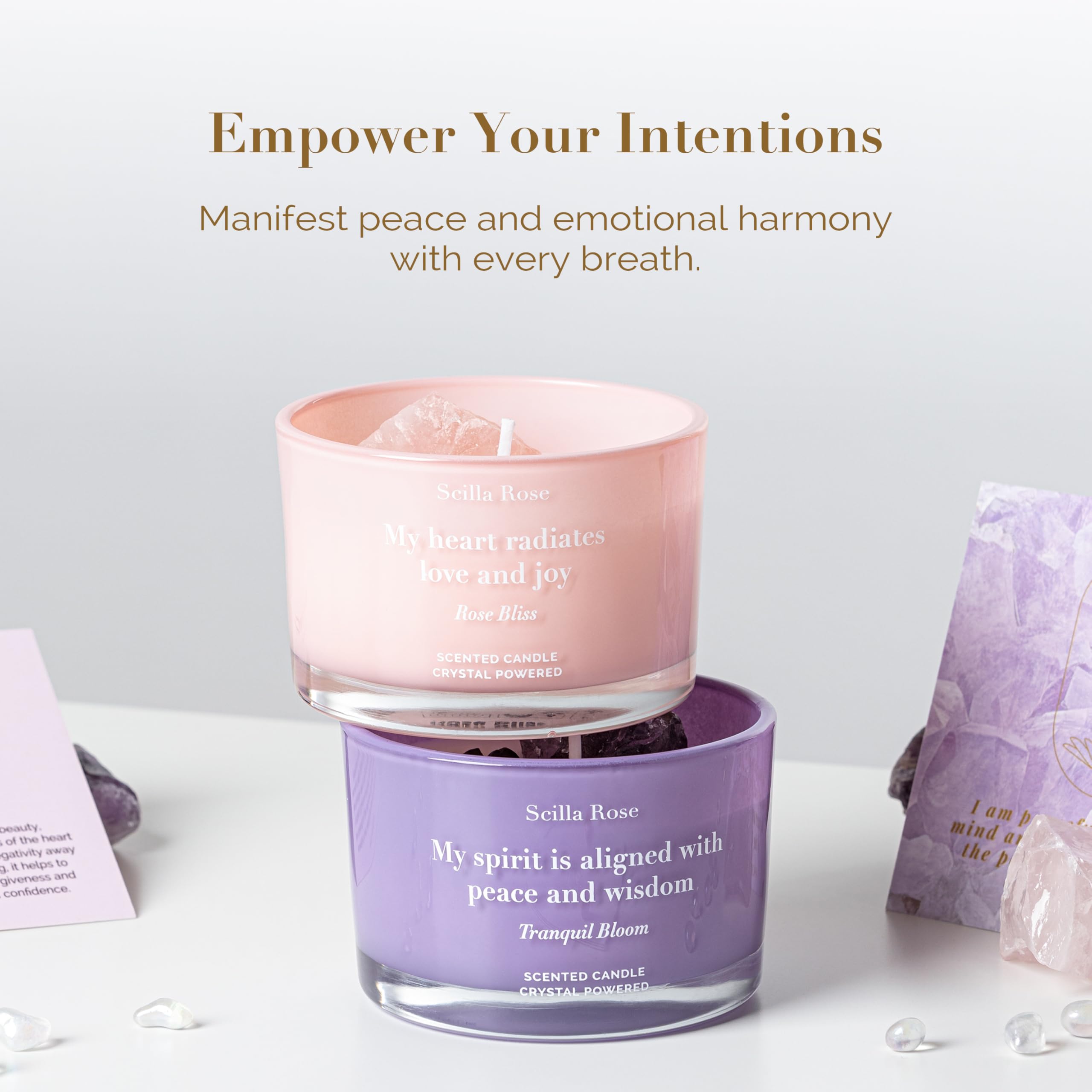 Scilla Rose Juego de velas de cristal de lujo, velas de cera de soja perfumadas de cuarzo rosa y amatista, cuidado personal de aromaterapia, sueño de lavanda, alivio del estrés, regalos únicos