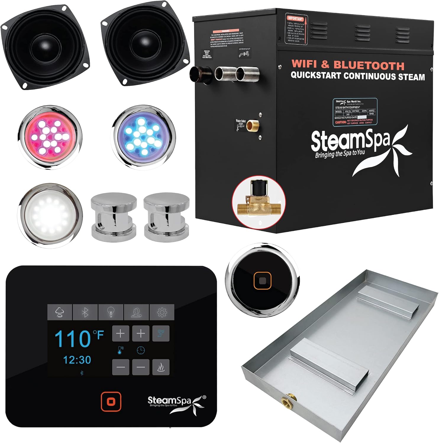 Steam Shower Generator Kit System | Matte Black Shower Head + Self Drain Combo| Enclosure Steamer Sauna Spa Stall Package | Touch Screen Wifi App/Bluetooth Control Panel