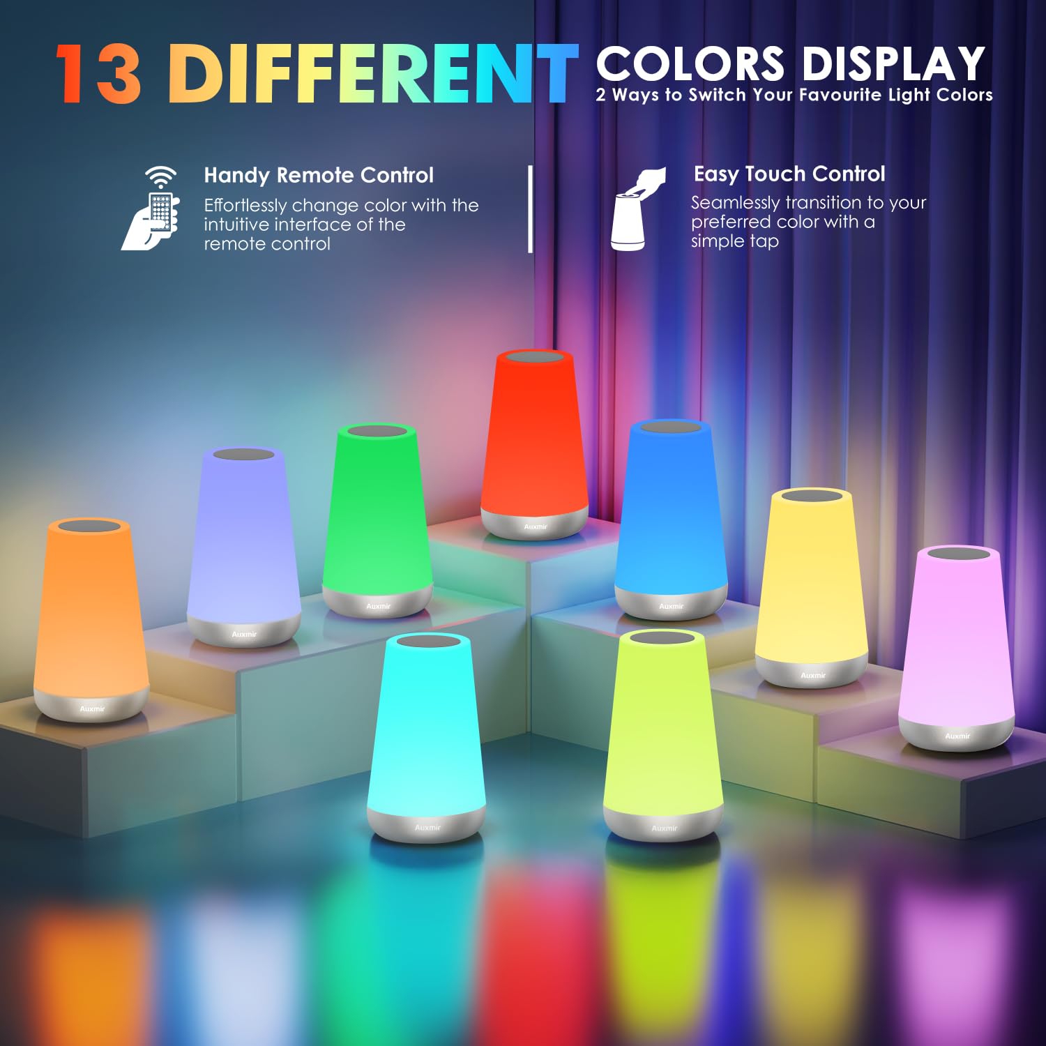 Auxmir Luce Notturna Bambini, Lampada da Comodino, Lampada LED Colorata con 13 Colori, Luminosità Regolabile, 3 Modi d’Illuminazione, Touch e Telecomando, Batteria Ricaricabile, Argento