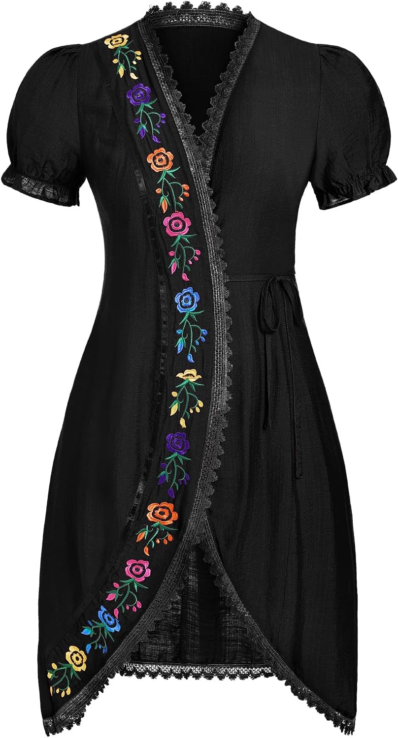 ABEHIK Mexican Embroidered Dress for Women Traditional Short Sleeve V Neck Tie Side Fiesta Wrap Dresses Cinco de Mayo Outfit