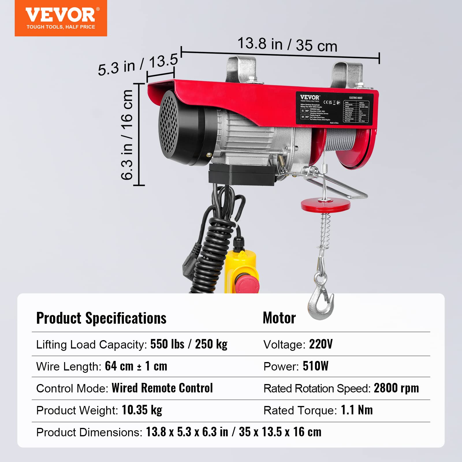 VEVOR Treuil à Câble Électrique 250 kg Palan Électrique avec Télécommande Filaire 4 m Treuil-Palan 510 W 10 m/min Hauteur de Levage Câble Simple 12 m Moteur pour Garages Entrepôts Usines