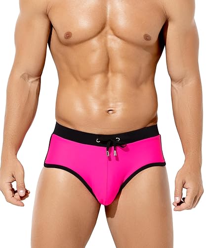 Arjen Kroos Men's Swim Briefs Sexy Bikini Contrast Color Swimsuit Swimming Briefs with Drawstring - Rose - Large