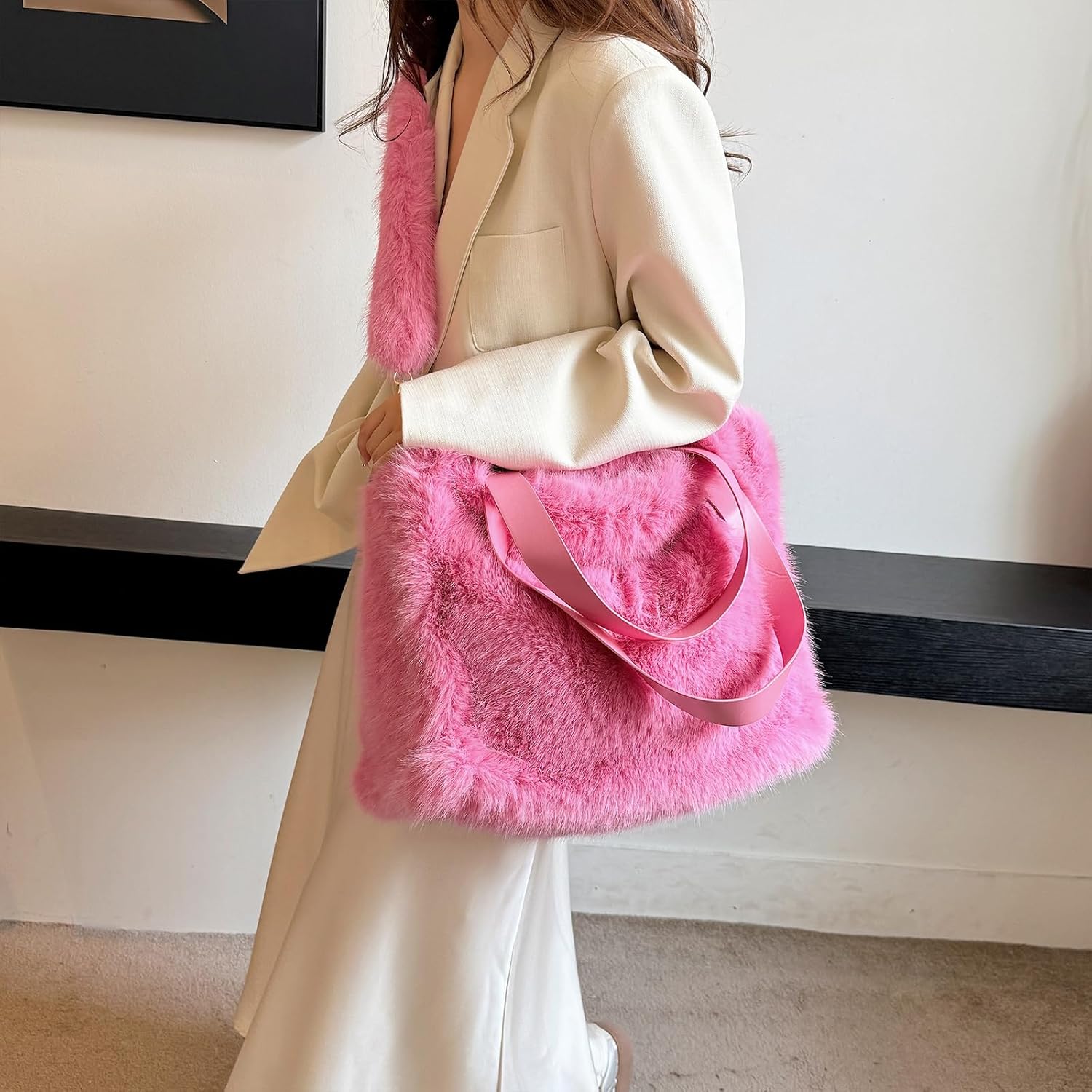 Fluffy Tote Bag Faux Fur Bag Winter Furry Purse for Women Top Handle Fuzzy Tote Bag Fur Crossbody Handbag - Image 3