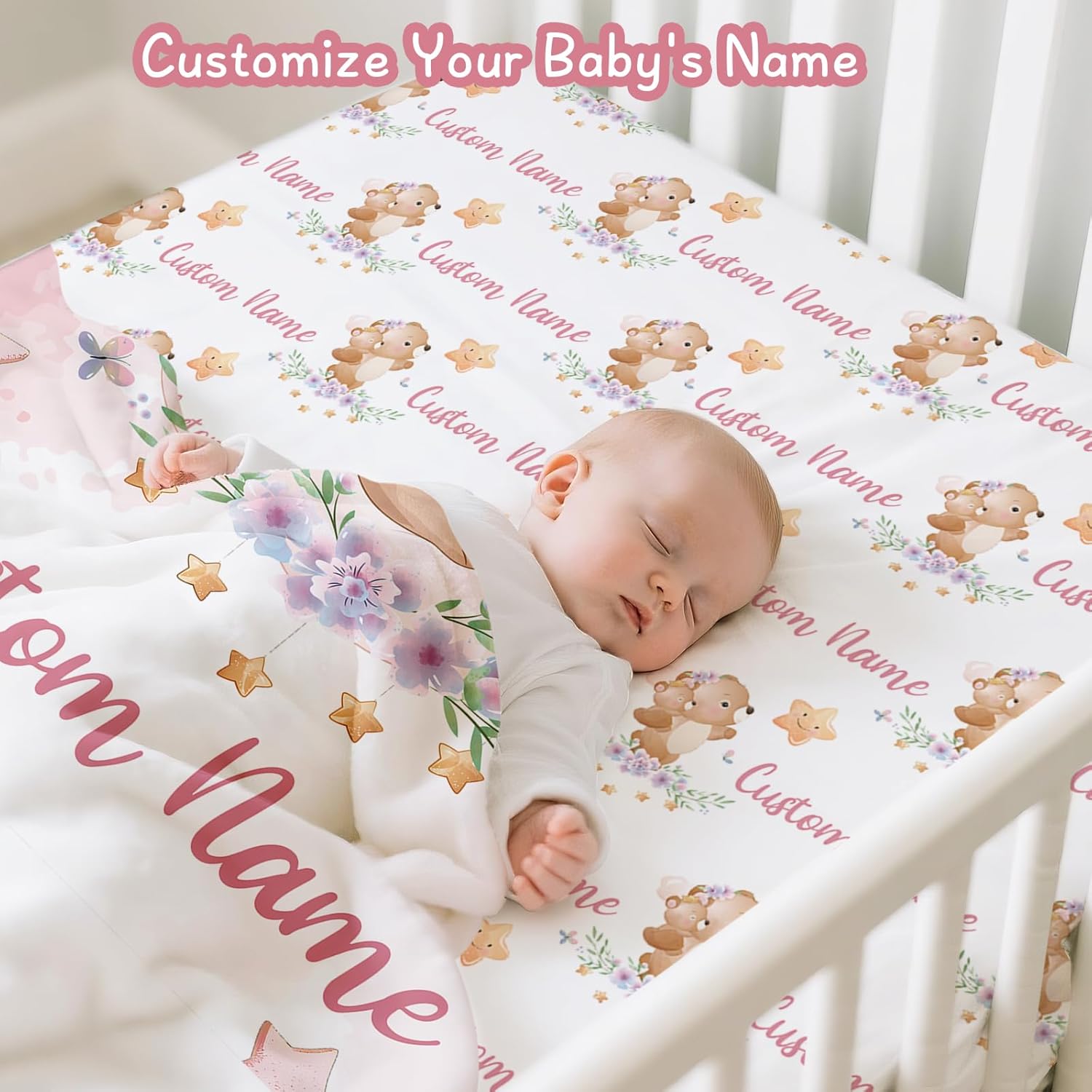 Personalized Baby Crib Bedding Set, 5 Piece Custom Name Baby Crib Bedding with Blanket, Fitted Sheet, Rug, Changing Pad Cover, Wall Art for Infant Toddler Boys Girls, Gift, Moon Bear Theme