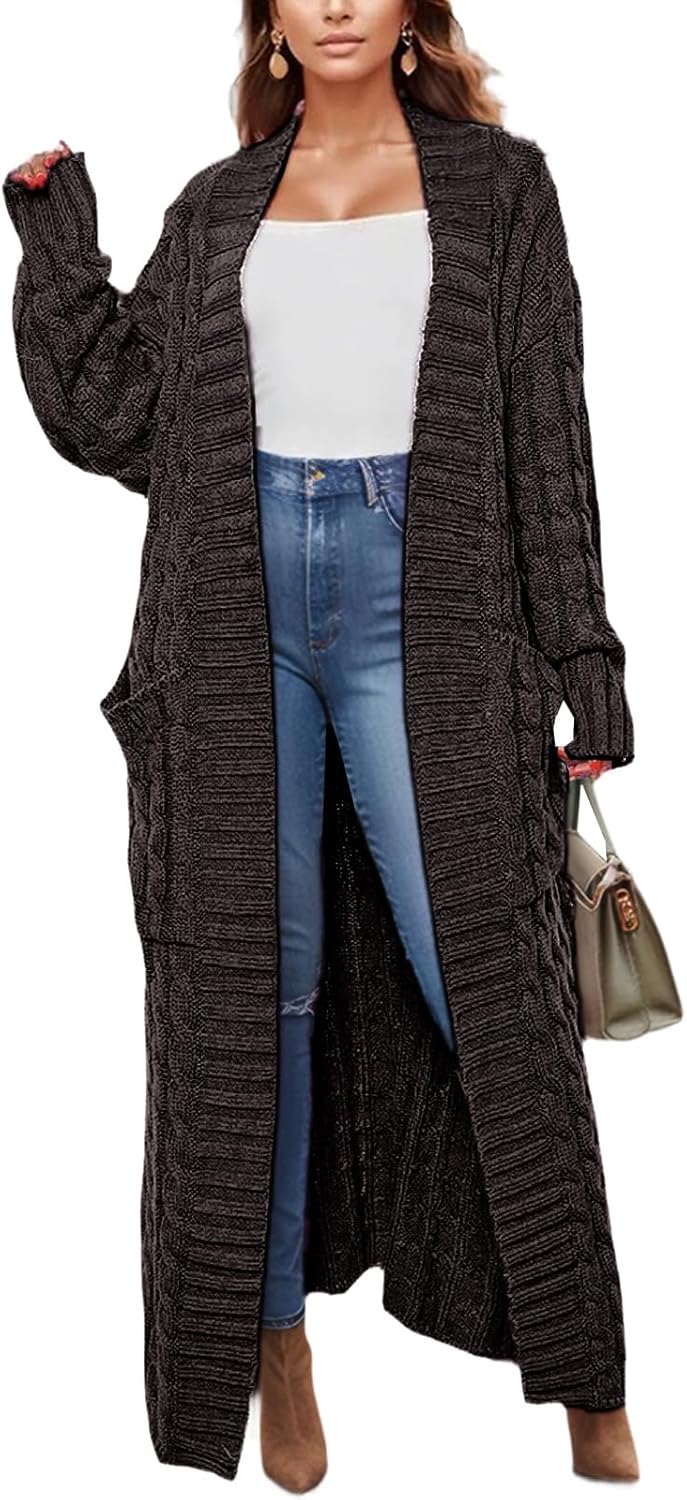 Long Cardigan Sweaters for Women 2026 Spring Fall Open Front Long Sleeve Clable Knit Sweater Coat with Pockets