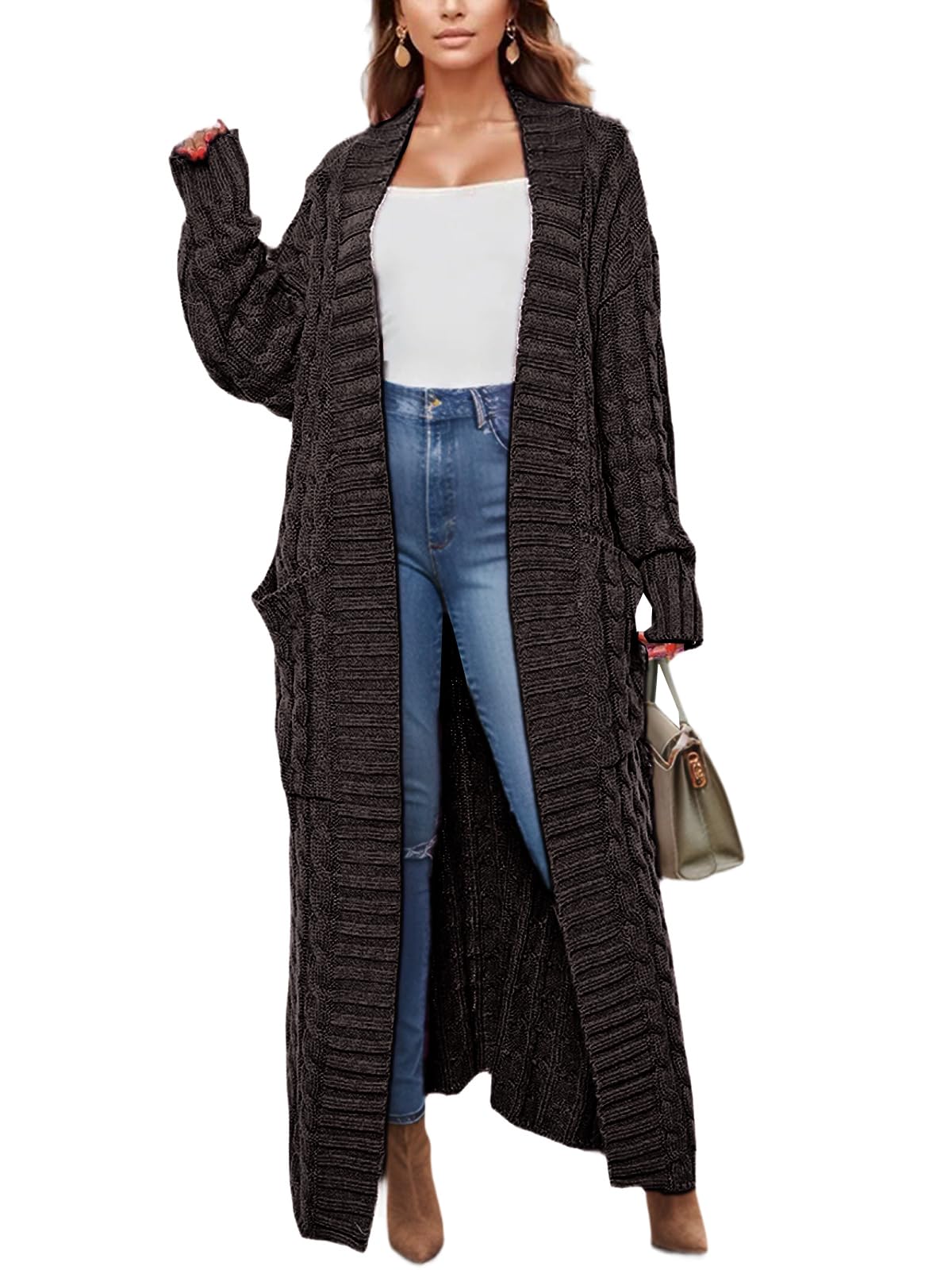 Long Cardigan Sweaters for Women 2026 Spring Fall Open Front Long Sleeve Clable Knit Sweater Coat with Pockets