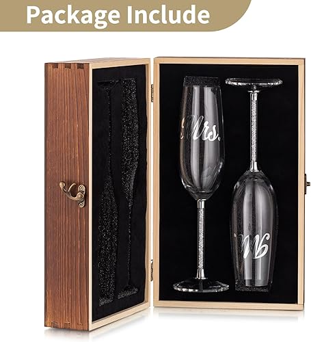 Miniatura 6 de NUPTIO Copas de champán de cristal juego de 2 copas de champán de boda con caja de regalo de madera, flauta de brindis de Mr & Mrs para novia,