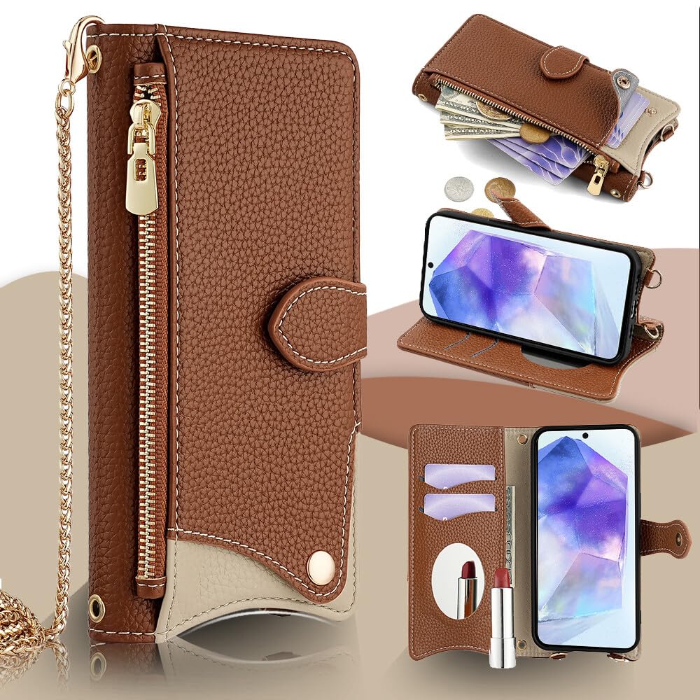 Étui iPhone 14 en cuir marron avec rabat et miroir intégré - 8