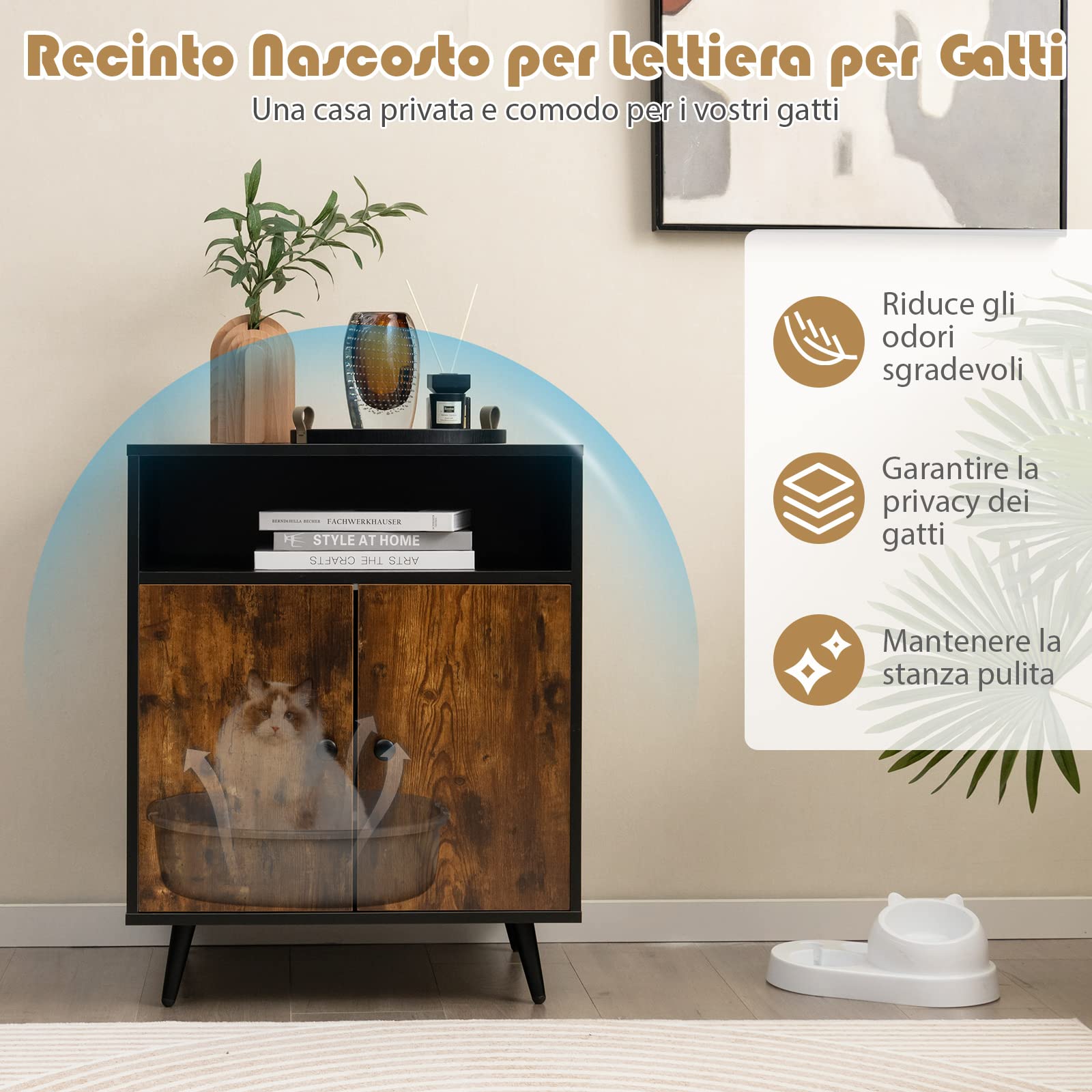 COSTWAY Mobile per Lettiera per Gatti, Casetta per Gatti con Ingresso, Gambe Inclinate e Scomparto Aperto, Tavolino in Legno Versatile per Salotto, 60 x 45 x 75 cm, Marrone e Nero
