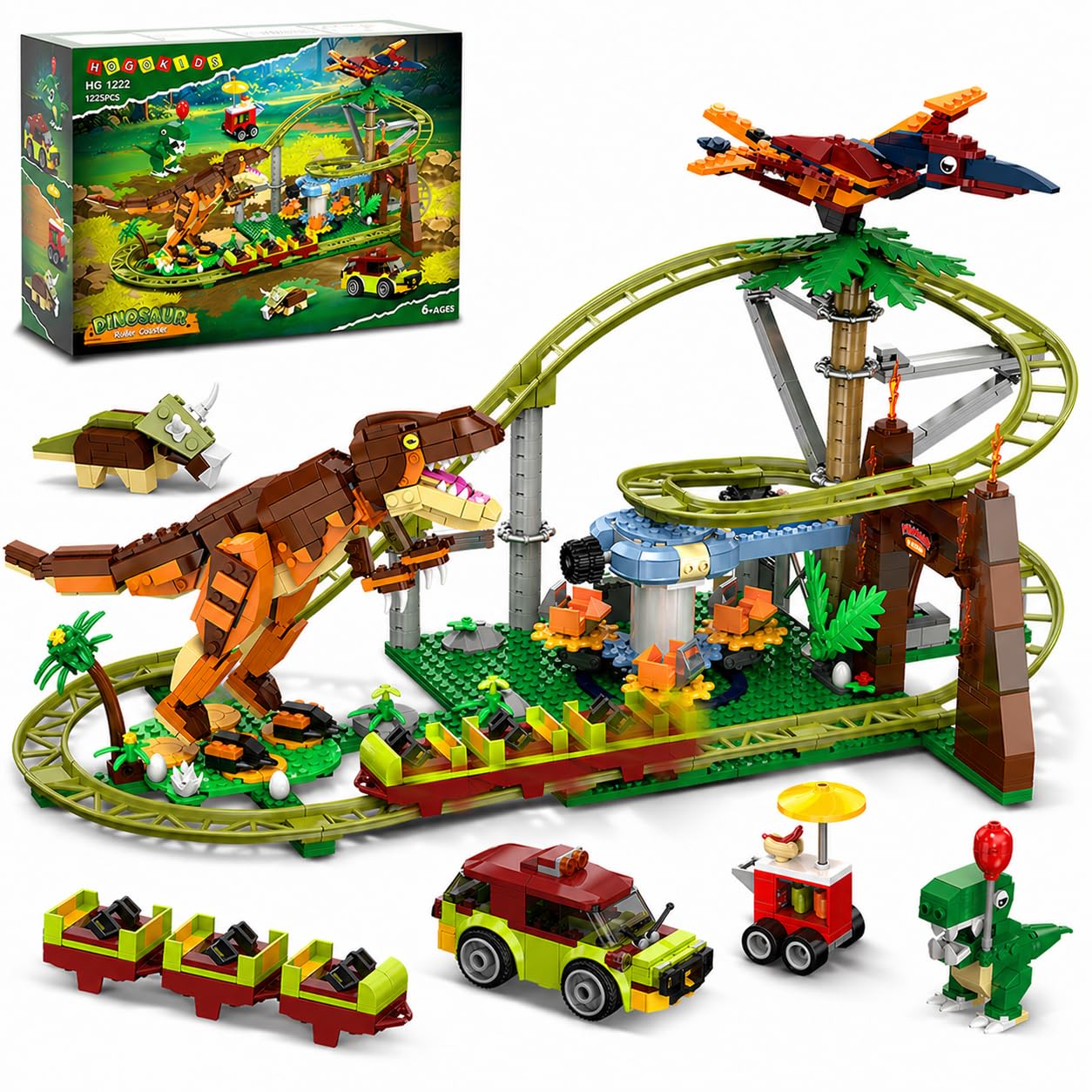 HOGOKIDS Dinosaurier Achterbahn Bausteine Spielzeug – 1222pcs Achterbahn Bauspielzeug mit 4 Dinosauriern, Geländewagen, Dinosauriermodellen, Geschenk für Erwachsene, Mädchen Jungen ab 8 Jahren