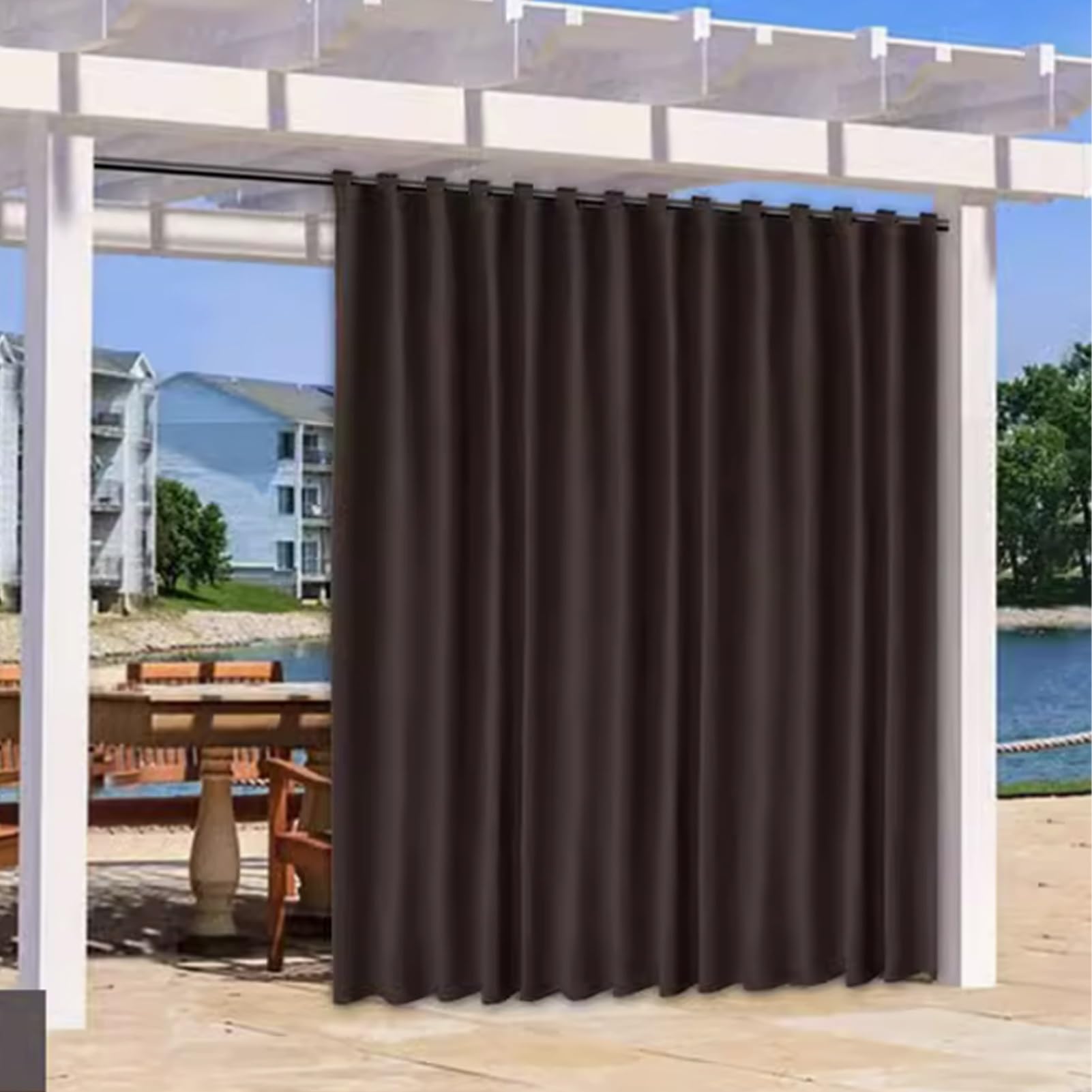 Rideau extérieur marron foncé W300xH240 cm auto-adhésif pour terrasse et pergola