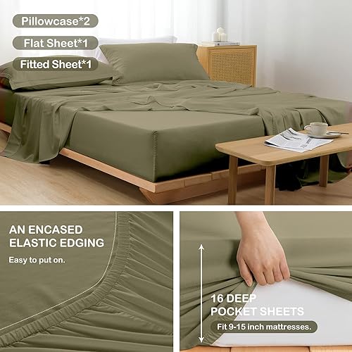 Miniatura 6 de Juego de sábanas con textura de lino verde oliva, rayón de bambú, algodón, sábanas de mezcla de lino, suaves, frescas y transpirables para personas