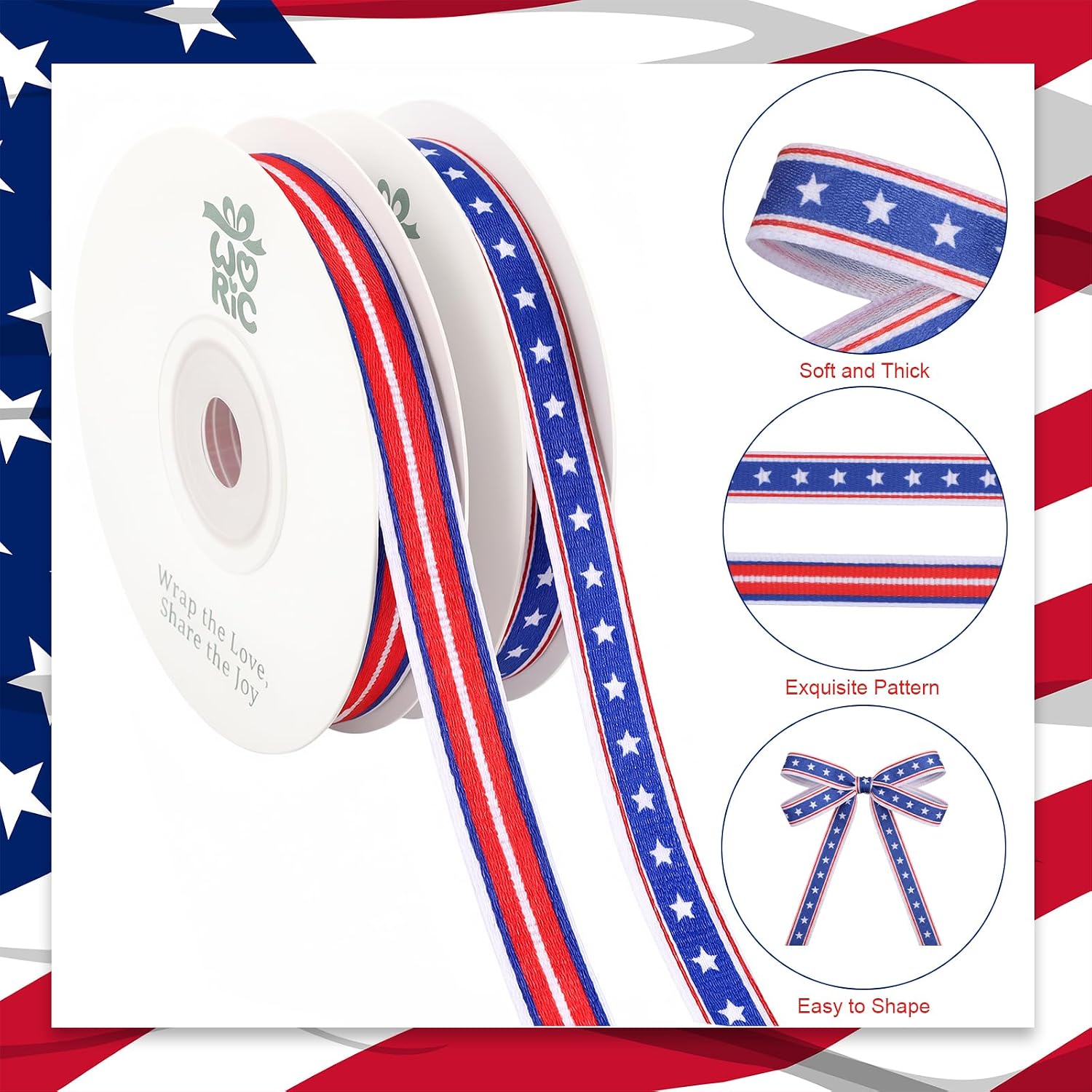 woric Patriotic Ribbon 3/8 Inch Red White and Blue Ribbon Stars and Stripes Ribbons for 4th of July Independence Day Wreaths Craft Home Decorations(2 Rolls x 10 Yards Total 20 Yards)
