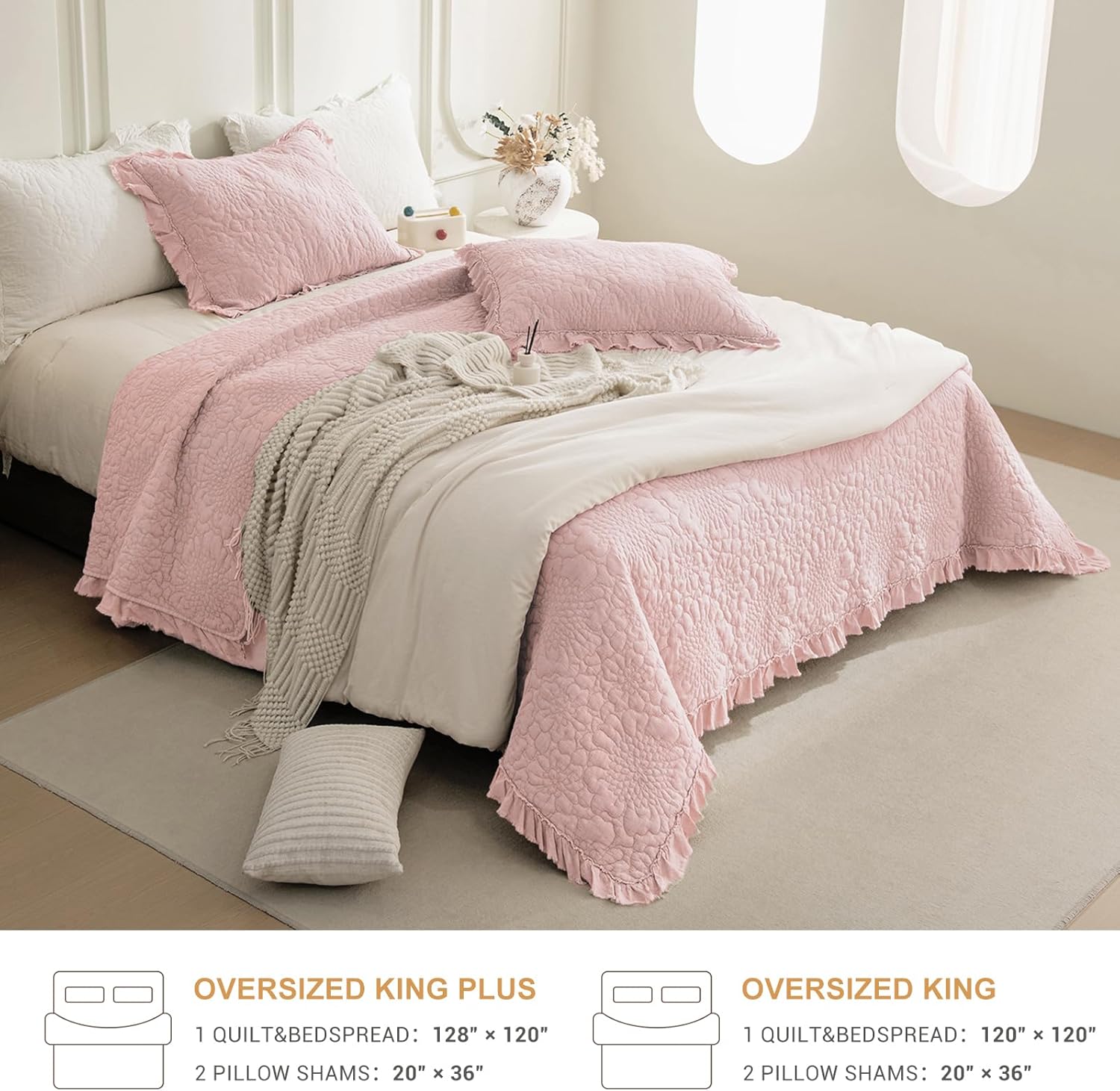 QSH 3PCs Blush Oversized King Quilt Bedspread Set(120"x120"),Stonewashed Cotton Ruffle Quilt California King,Ultra Soft Lightweight Crinkled Shabby Bedspread Coverlet Bedding Set for All Seasons - Image 5