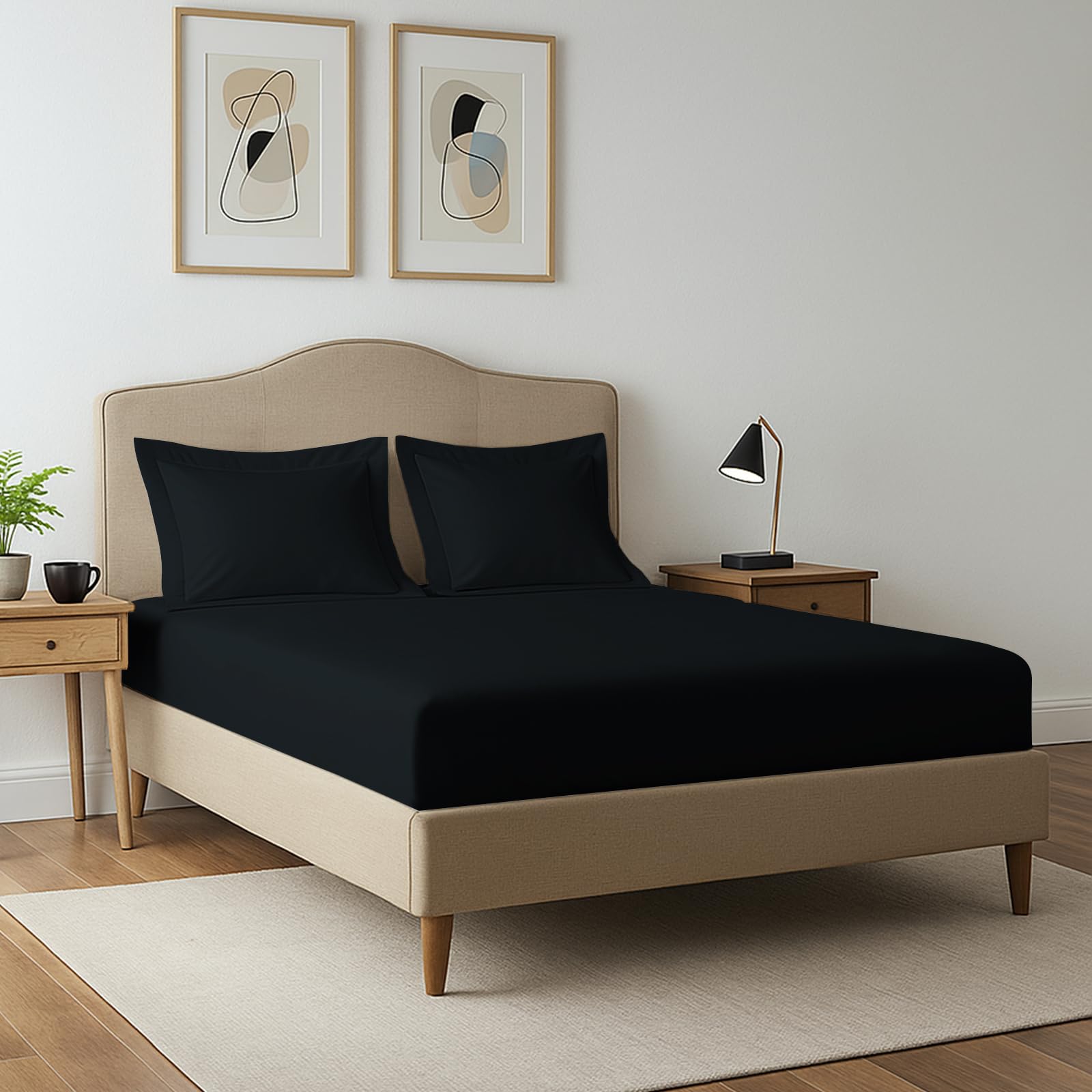 Pizuna 400 Thread Count King Size Fitted Sheet 150x200 cm with 2 Pillowcases, Black, 100% Long Staple Cotton, Soft Sateen Weave, 40 cm Deep Fitted King Size Sheet