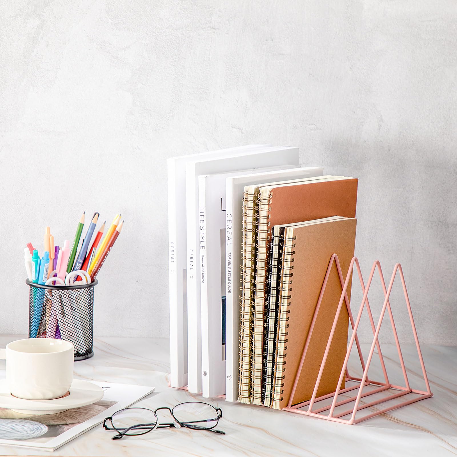 JaGely 4 Pcs Magazine Holder 9 Slot Desk File Sorter Metal Magazine Rack Newspaper Record Storage Triangle Book Holder Pink File Organizer for Home Office Desktop Decorations