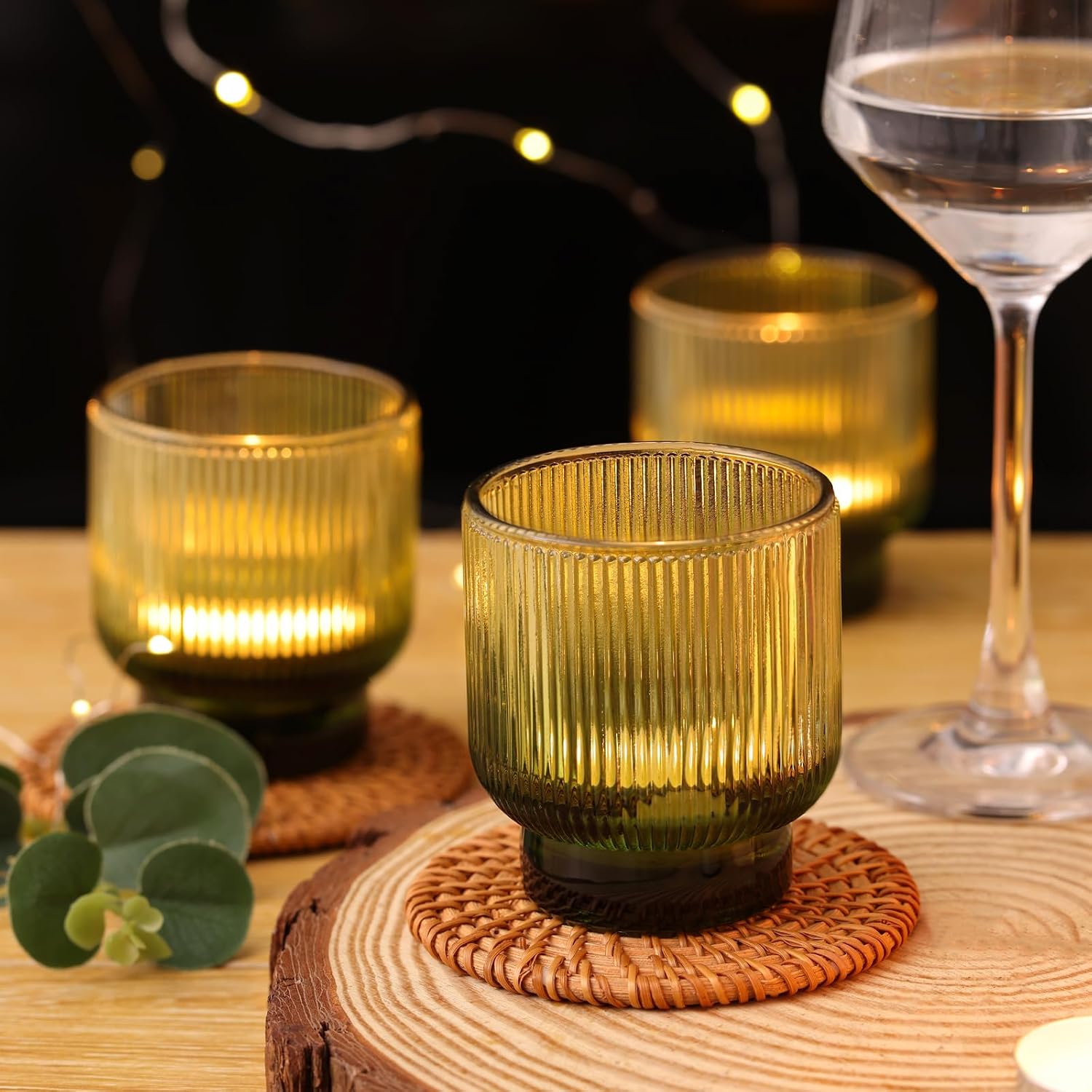 Green Votive Candle Holders Set of 6-2.55" x 3" Gradient Tea Lights Candle Holders Glass with Stylish Ribbed Design, Large Votive Holders for Wedding Centerpieces, Christmas, Vintage Party Home Decor