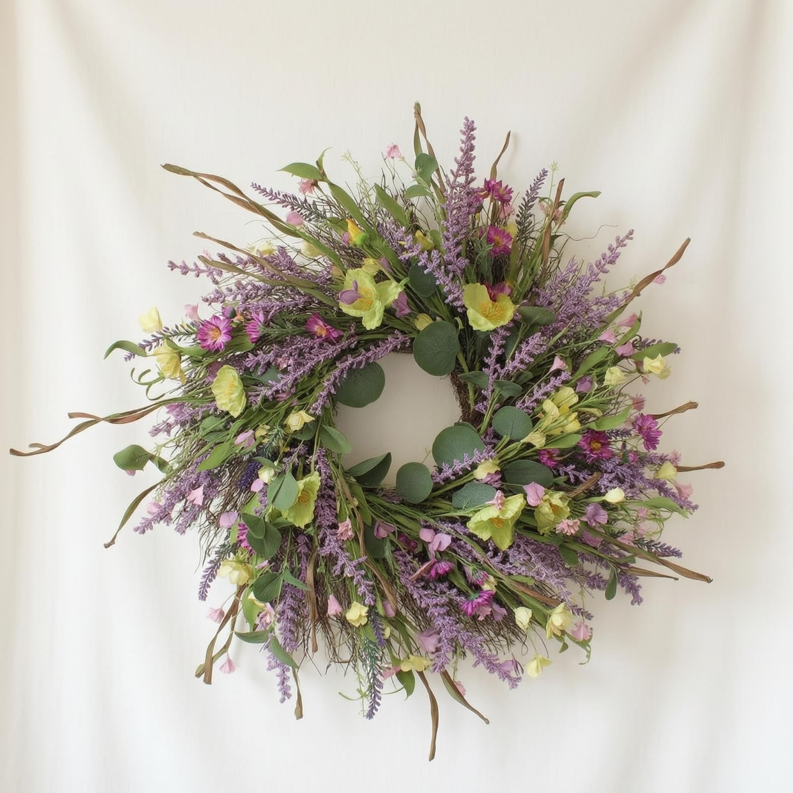 Ghirlanda di Lavanda Artificiale Corona Floreale Ghirlanda Corona Decorativa con Foglie E Gialli Struttura Rotonda Aspetto Primaverile Adatta per Porta di Casa Pareti Interne