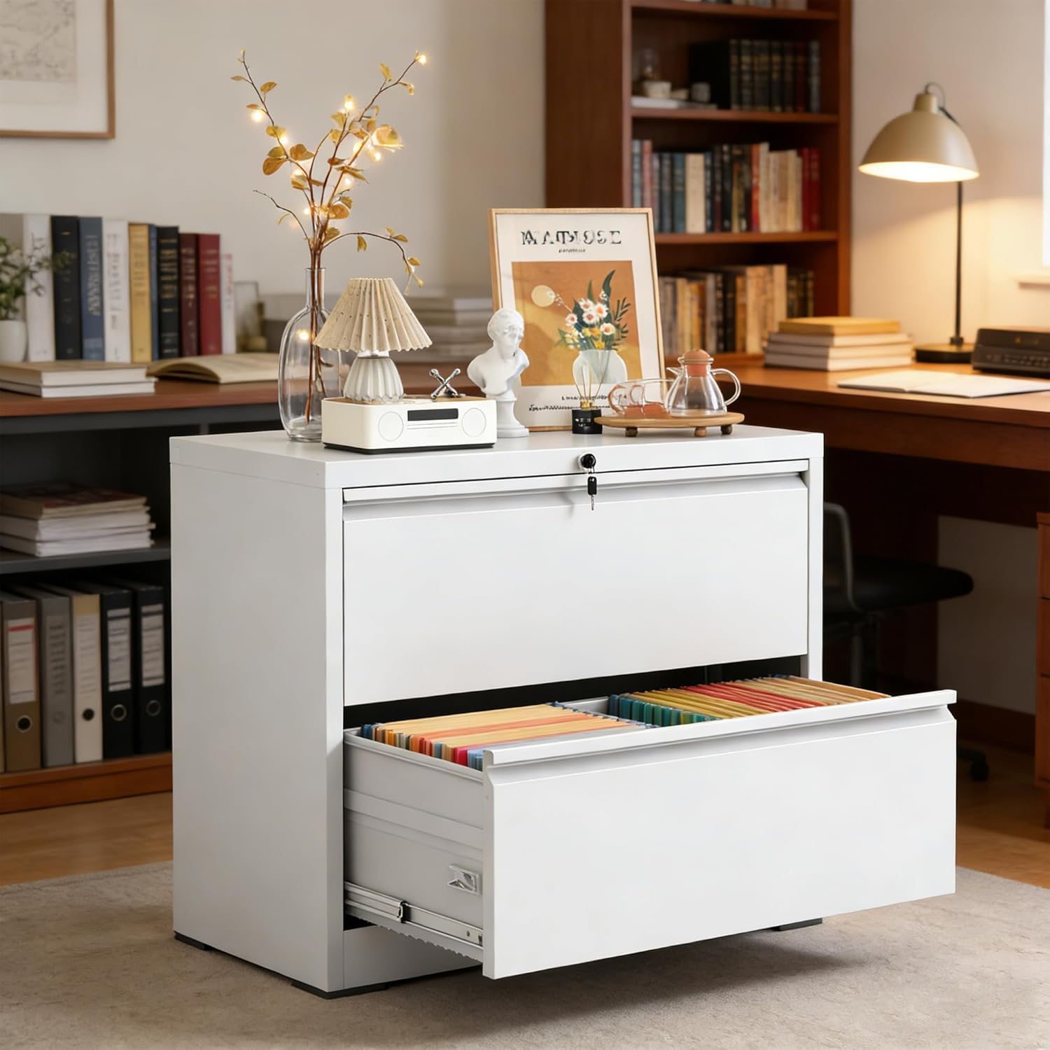 Archivador lateral de 2 cajones con cerradura, archivador lateral de metal para oficina en casa, archivadores horizontales anchos de acero para archivadores colgantes de carta/legal/A4/F4 (blanco)
