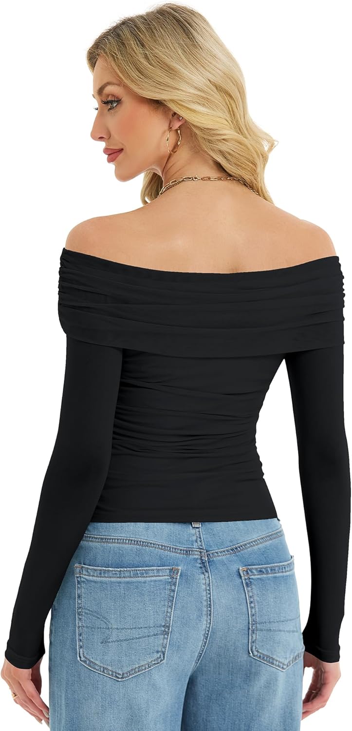 Off The Shoulder Mesh Tops for Women 2025 Fall Long Sleeve Shirts Bodycon Y2k Blouses Ruched Tendy Going Out Outfits - Image 2