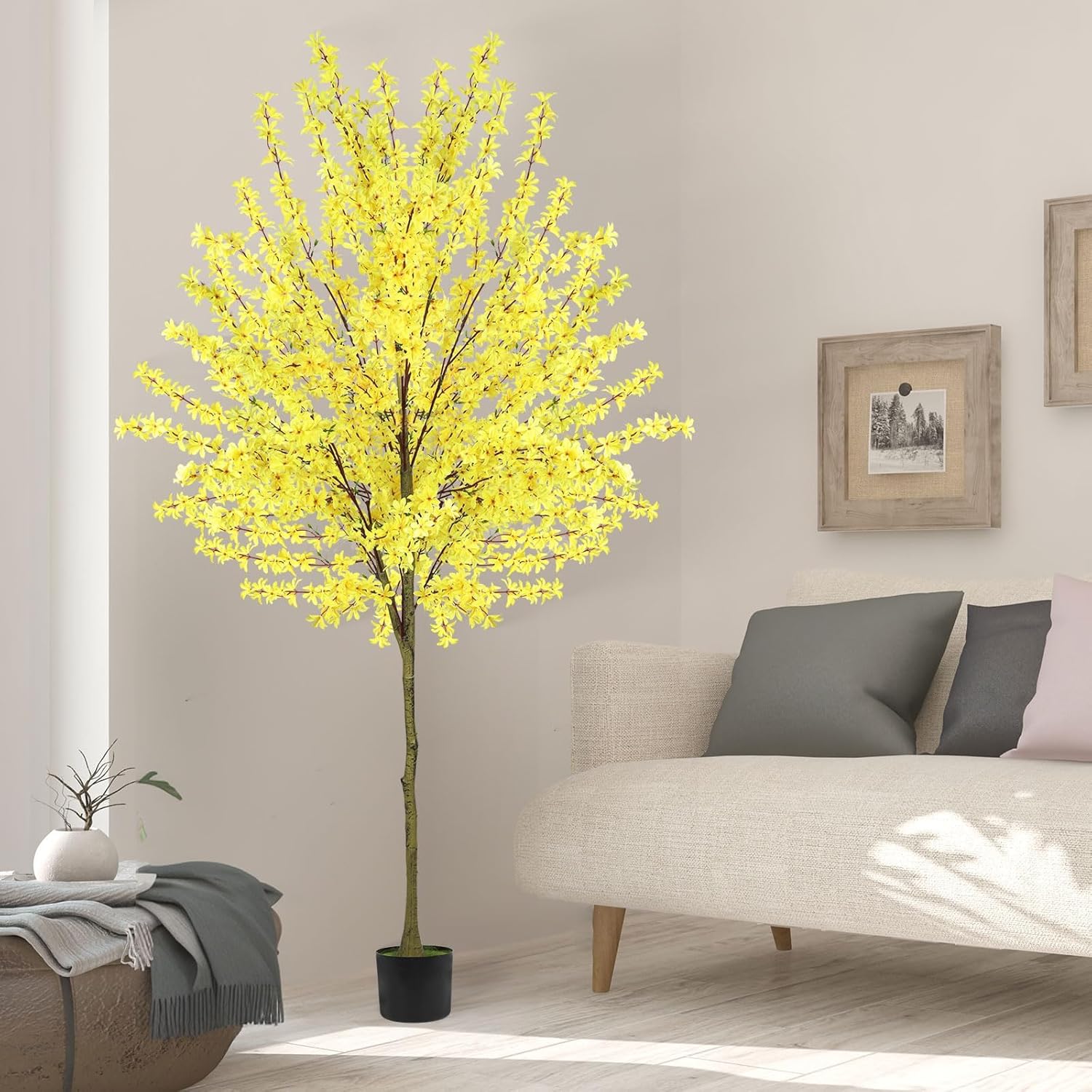 6Ft Tall Artificial Forsythia Tree, Fake Tree Faux Silk Plant with Plastic Nursery Pot,Artificial Plants for Home Office Indoor Decor(Yellow)