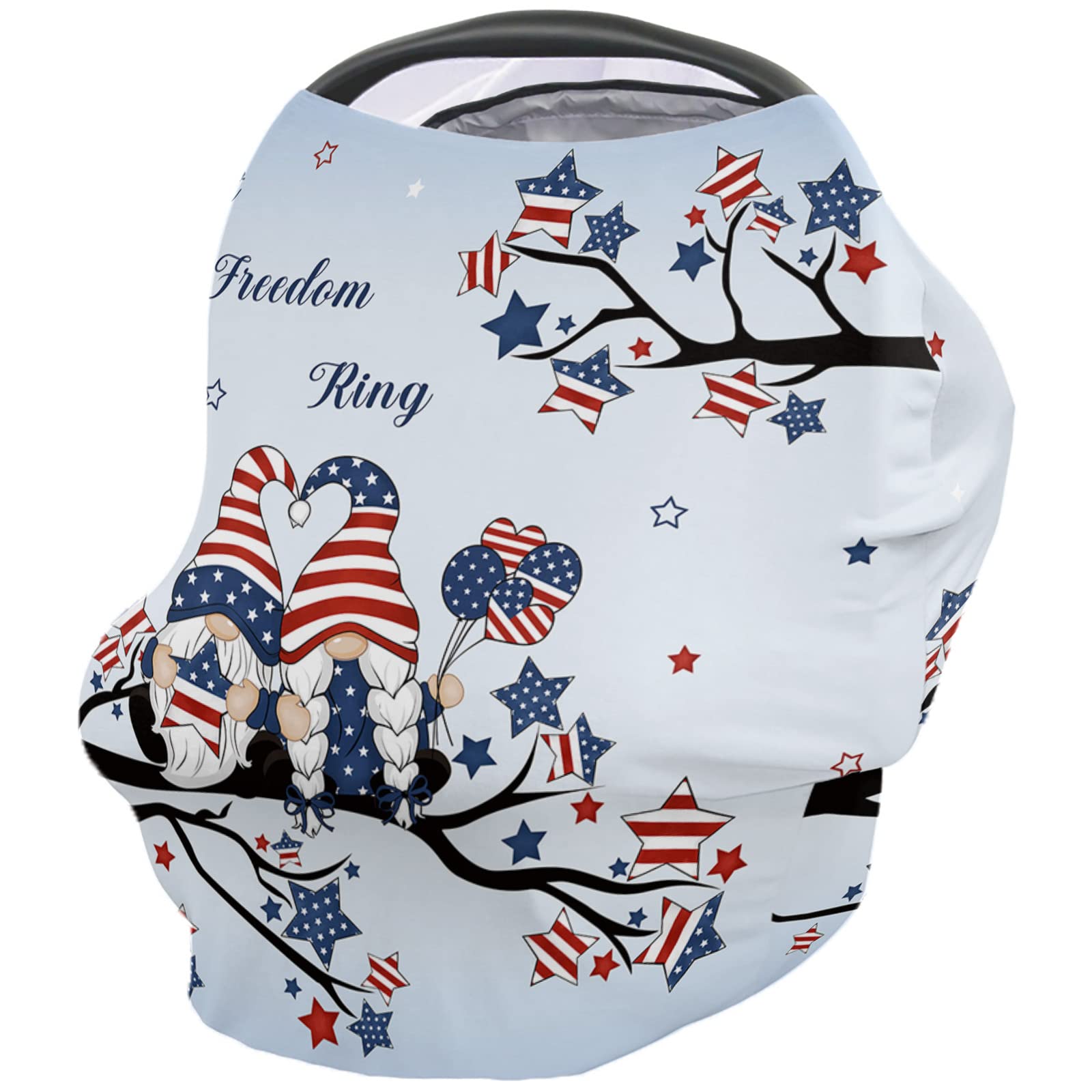Nursing Cover for Breastfeeding Scarf, Independence Day American Flag Stars Freedom Gnomes Ballon Baby Car Covers Super Soft Multi Use for Canopy Shopping Cart Cover Blanket Stroller Cover