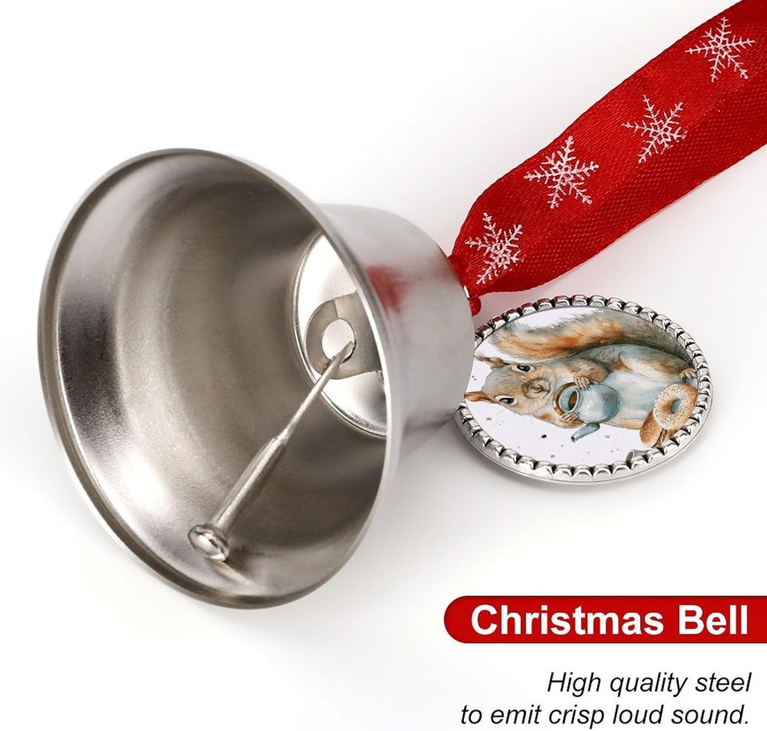 Metal Iron Christmas Bell Ornaments - Cute Personalized Squirrel Holding Teapot Printed Hanging Bells, Elegant & Durable for Christmas Home Party Wedding Decor