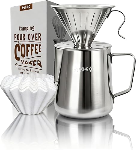 Miniatura 17 de AGOGO Cafetera portátil de goteo V60 - Juego fácil de limpieza compacto gotero de acero inoxidable 304 para acampar y 50 filtros de papel y paño de