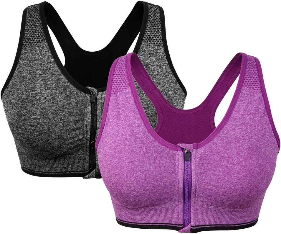 VEQSKING2 Pack Women's Sports Bra Zip Front Non Wired Comfy Post Surgery with Removable Pads