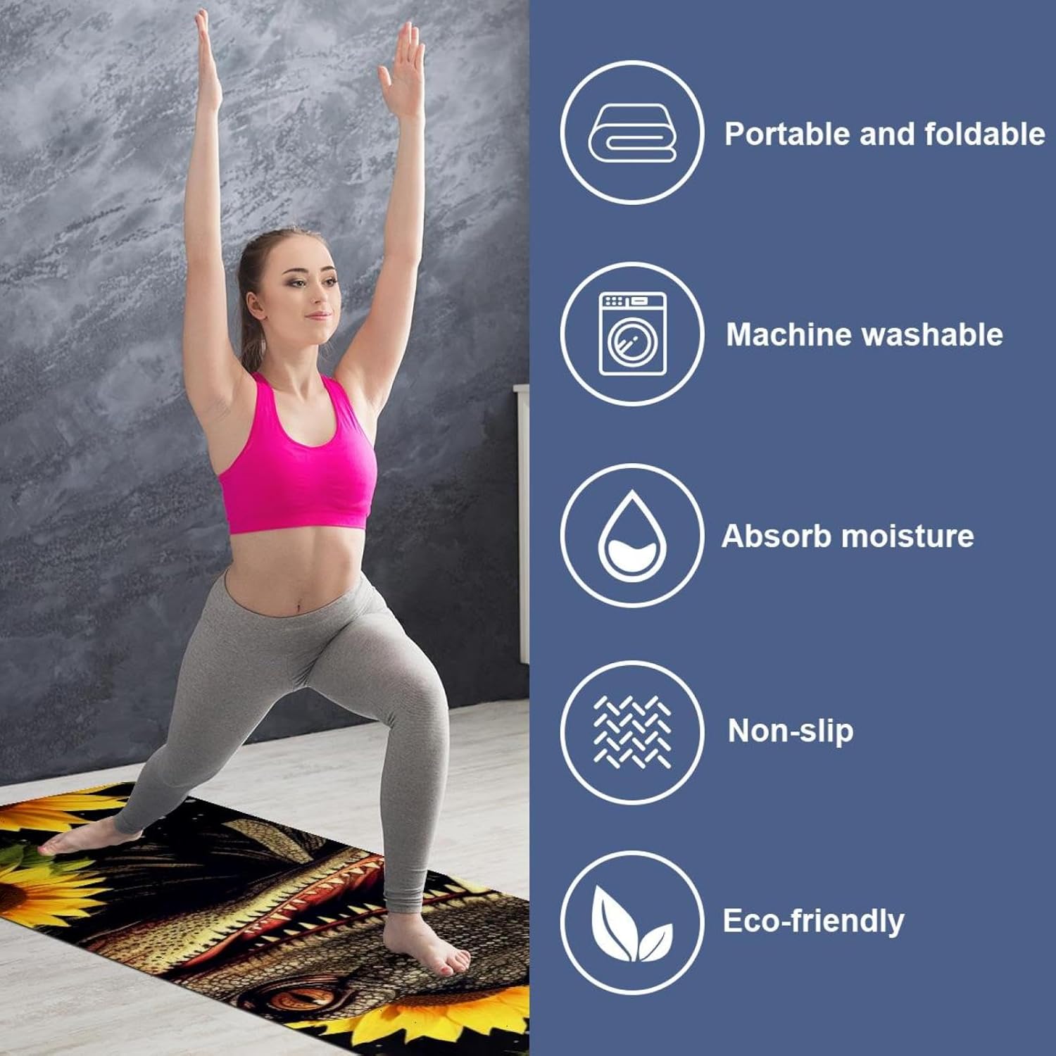 Yoga Towel, Crocodile Star Sunflower Non Slip Sweat Absorbent Hot Yoga Mat Towel for Hot Yoga, Pilates and Fitness - 72.8" x 26.8"