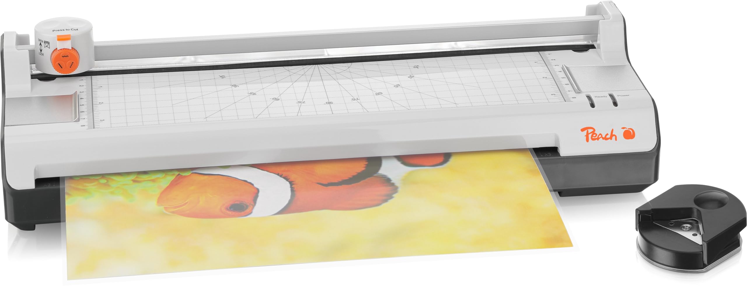 Peach Plastificatrice 6 in 1 A3 con angoli arrotondati, trimmer, pellicole di laminazione | ABS | adatto per tutte le pellicole standard fino a 2 x 125 mic. | Laminatrice a caldo e freddo | PBP450A