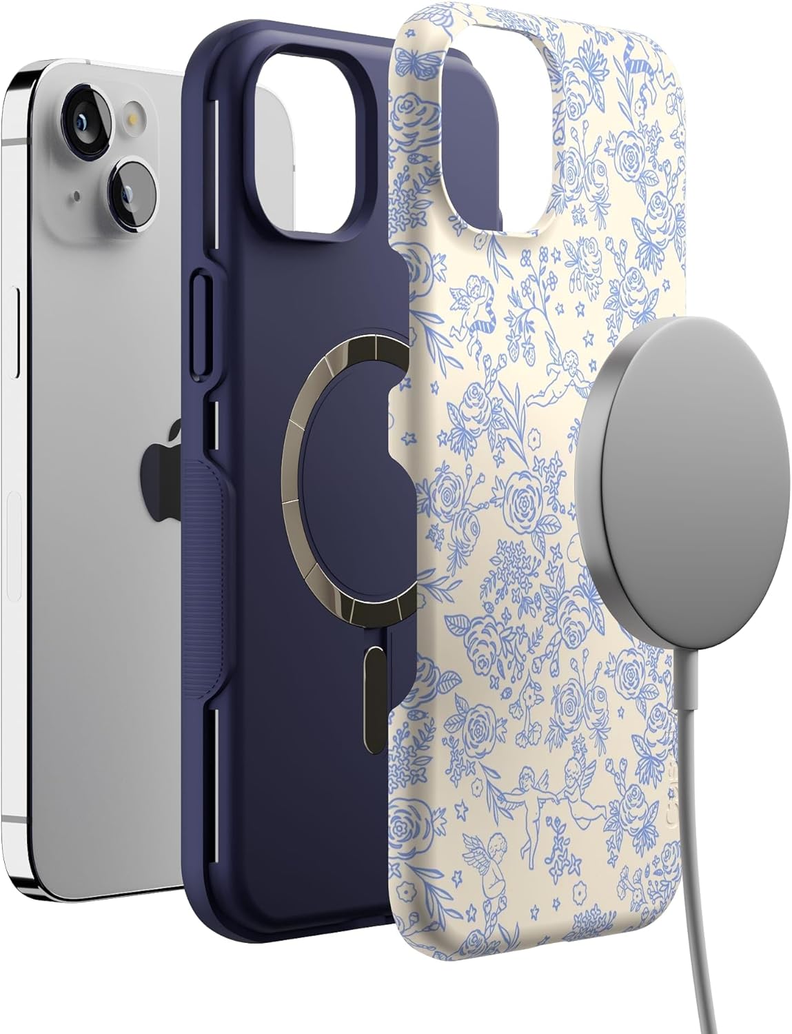 Casely iPhone 14 Plus Case | Cupid's Canvas | Periwinkle Floral | Bold Protective Design | Compatible with MagSafe