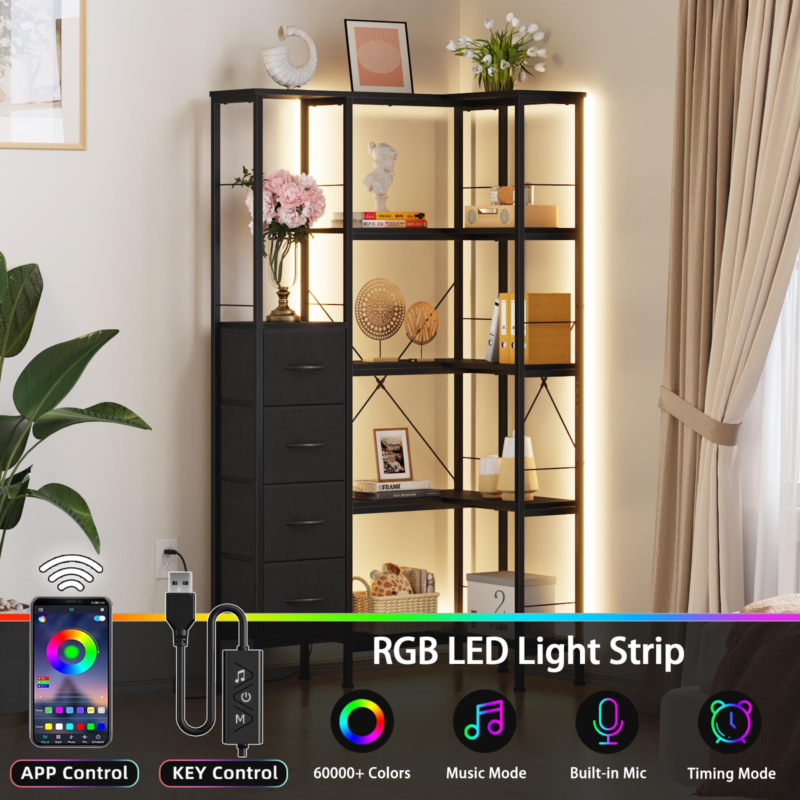 Libreria Angolare con Illuminazione a LED e 5 Ripiani, Nero | Libreria Verticale con 4 Cassetti in Tessuto, Scaffale Libreria, Armadio Angolare per Soggiorno, Camera da Letto, Ufficio