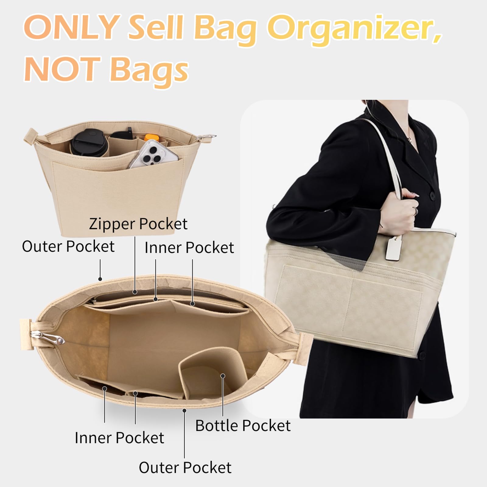 GADITIEK Inserto organizer per borse, in feltro, beige, grande, organizer per borsa Longchamp, organizer per borse Le Pliage grande, organizer per borse (beige, L)