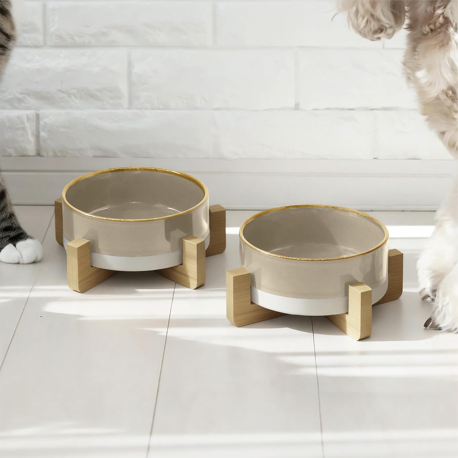 Elevated Ceramic Cat and Dog Double Bowl Set - 14 oz Lead-Free Feeder with Two Natural Bamboo Wood Stands (Brown)