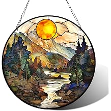 Stained Glass Window Hanging, Mountain Sunset Lake Suncatcher