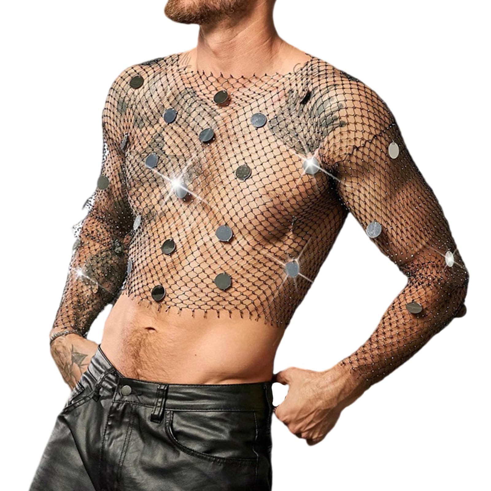 Funkelndes Pailletten Mesh Shirt für Herren, atmungsaktives Outfit, langärmeliges, mit Strasssteinen Verziertes Netz Top, Fischernetz Shirt