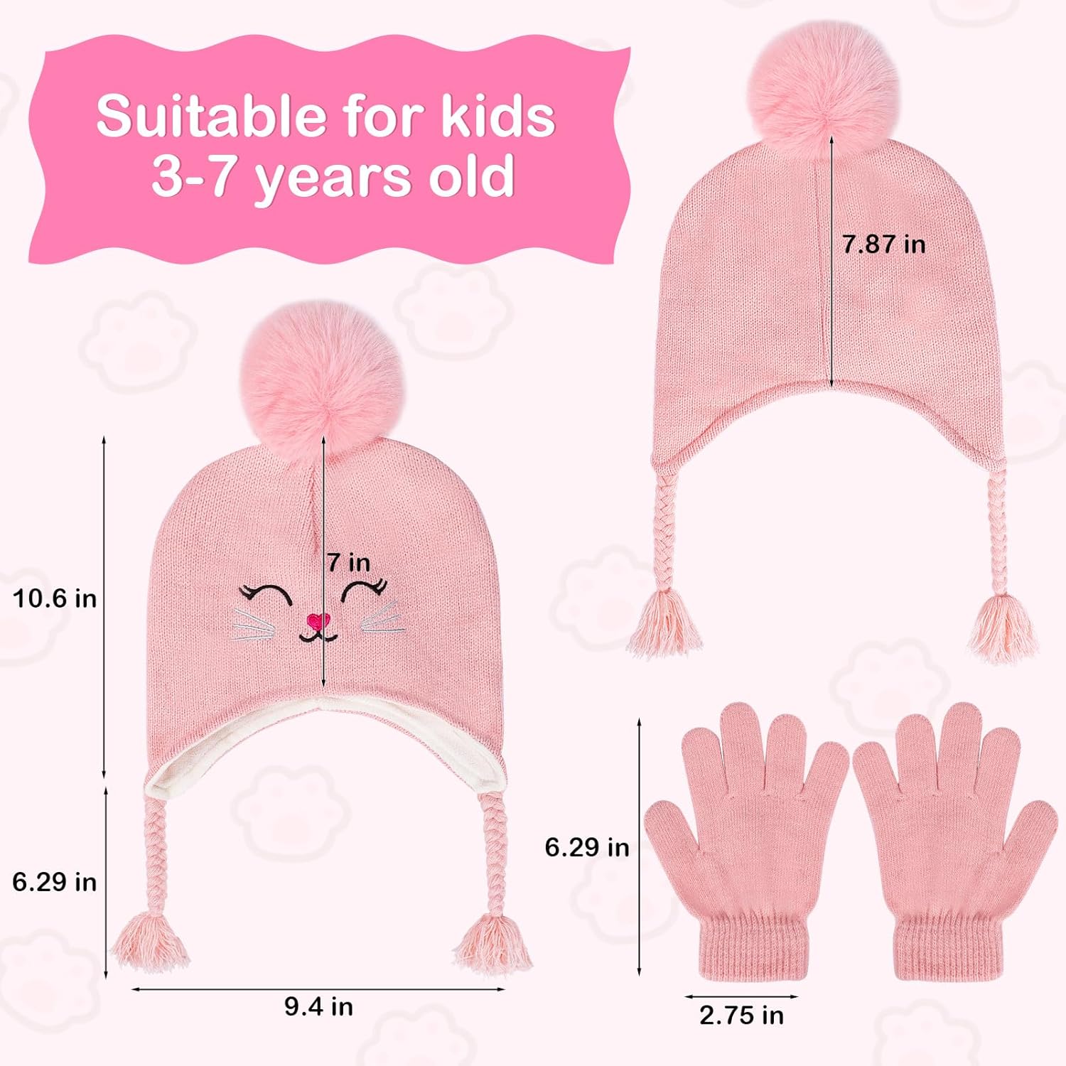 Toddler Girls Earflap Winter Hat and Gloves Set Kids Cat Beanie Fleece Lining Pom Pom Skiing Knit Caps Gift for Ages 3-7 - Image 5