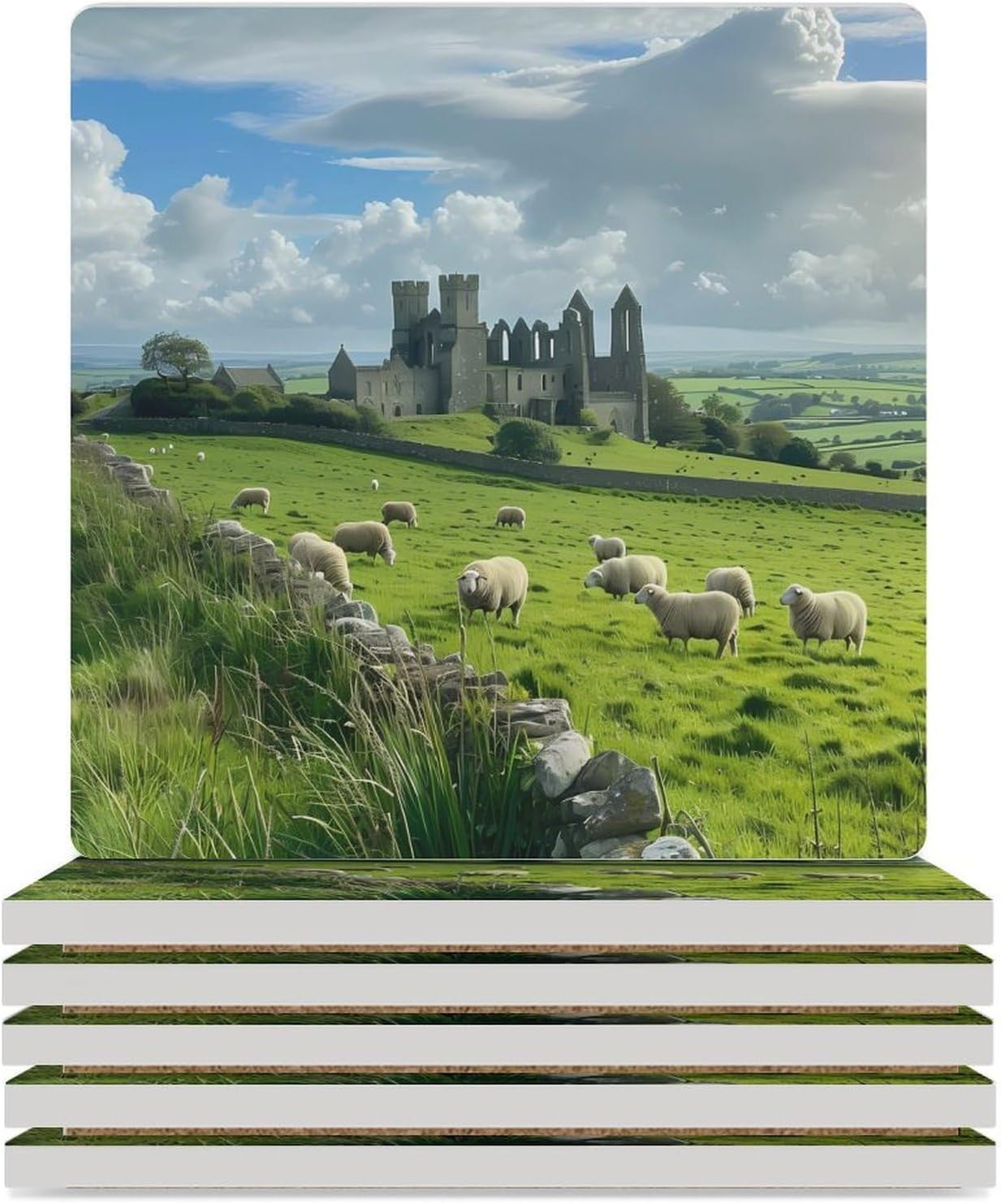 Ireland Cashel Castle Coasters for Drinks Square Table Coasters Set Cup Mats with Cork Base